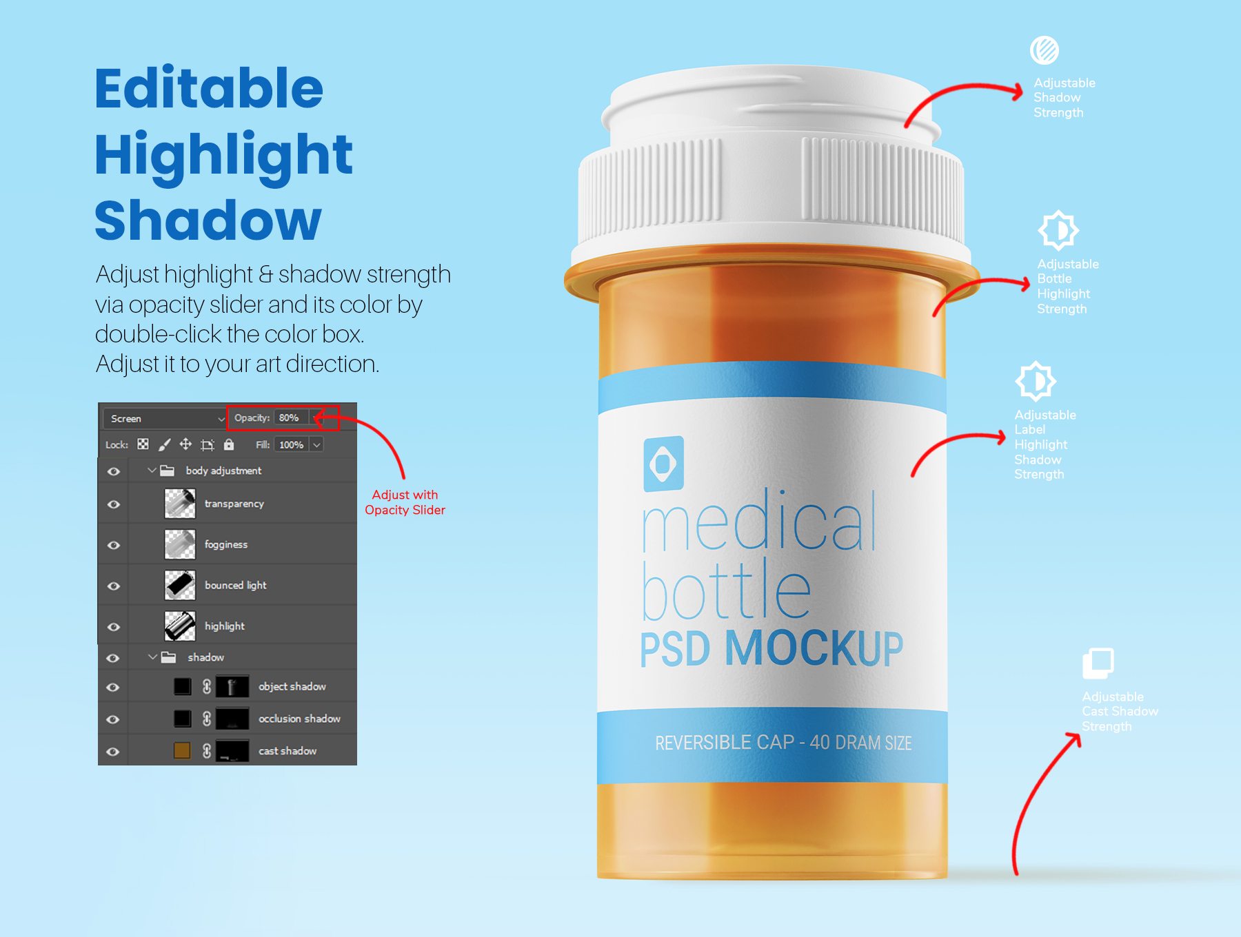 7个不同视角悬浮逼真塑料药品糖果瓶样机模型 Medicine Bottle with Reversible Cap PSD Mockup Set_LY35jZ