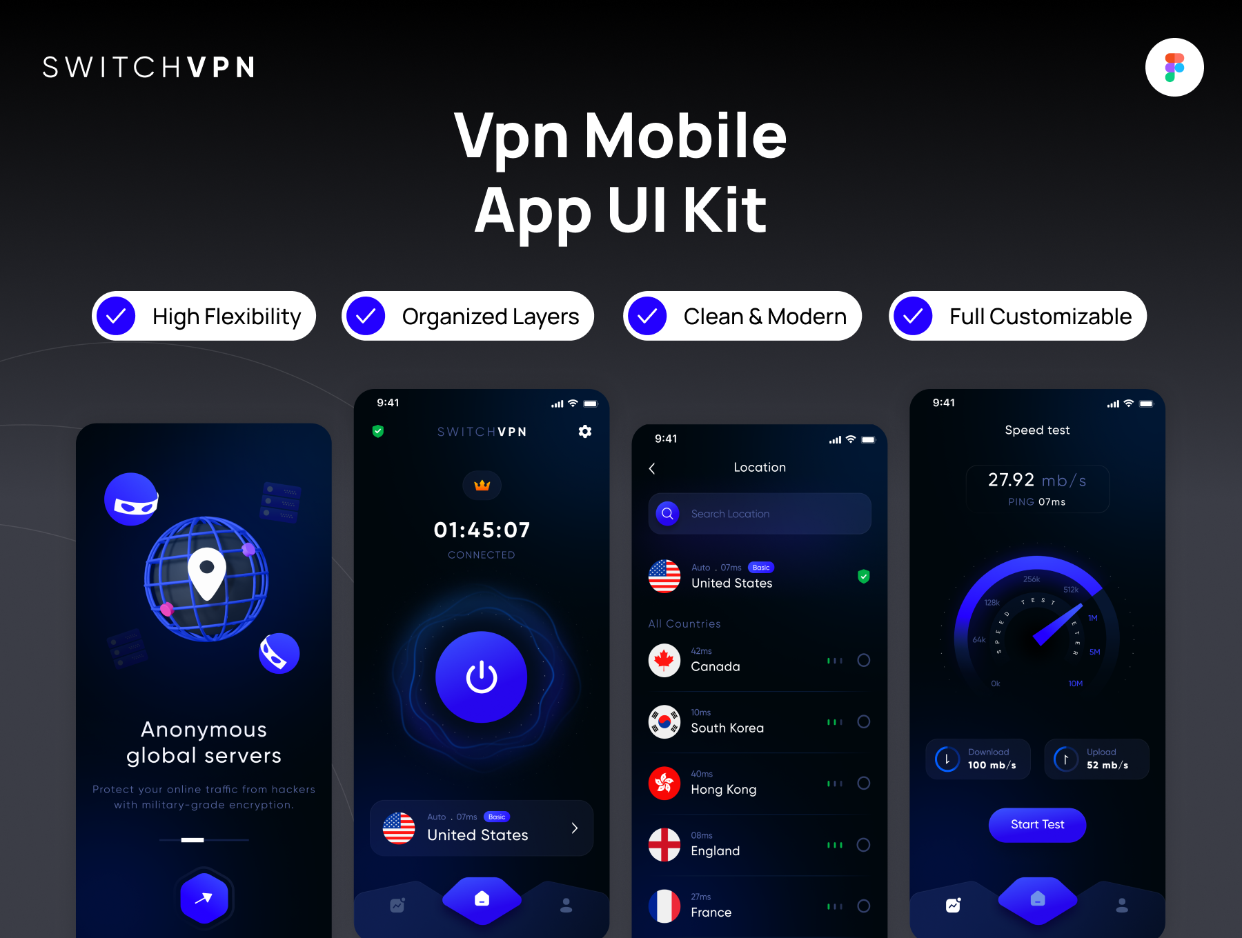 25+屏科技感VPN应用网络工具应用程序界面模板 SwitchVPN - Mobile App UI Kit_xuvMhO