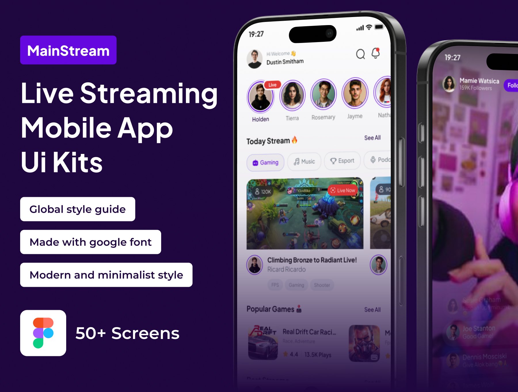 50+屏简约游戏直播在线直播软件APP界面模板 MainStream - Live Streaming Game Premium UI KIts App_qCSfYG