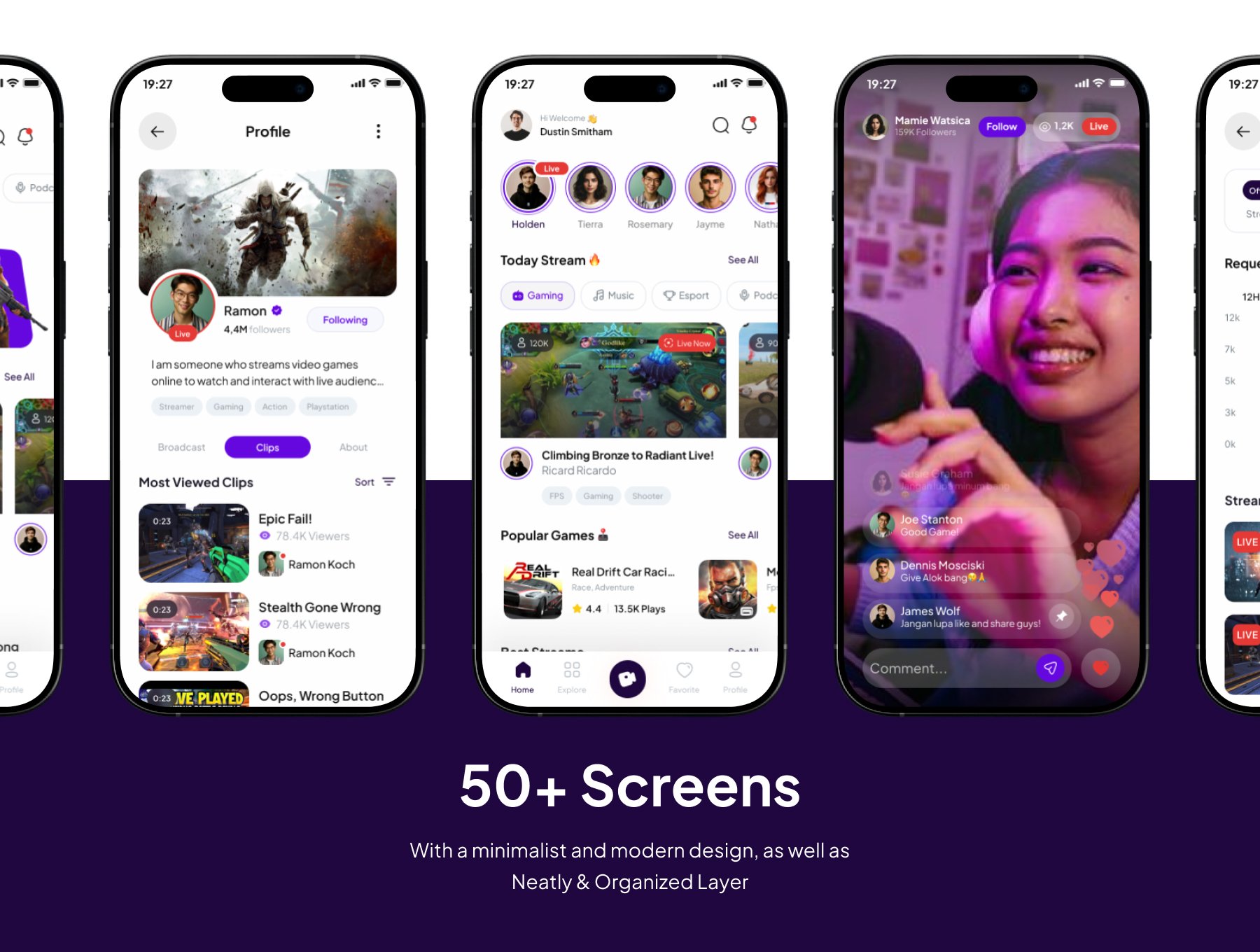 50+屏简约游戏直播在线直播软件APP界面模板 MainStream - Live Streaming Game Premium UI KIts App_RRTaE9