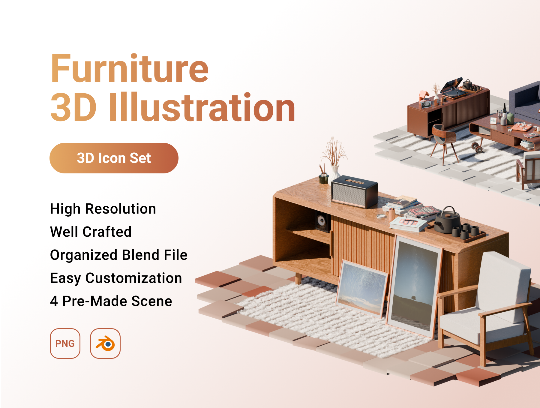 多款家具家电地板3D插画素材+4款组合插图 Furniture 3D Illustration_iOinzS