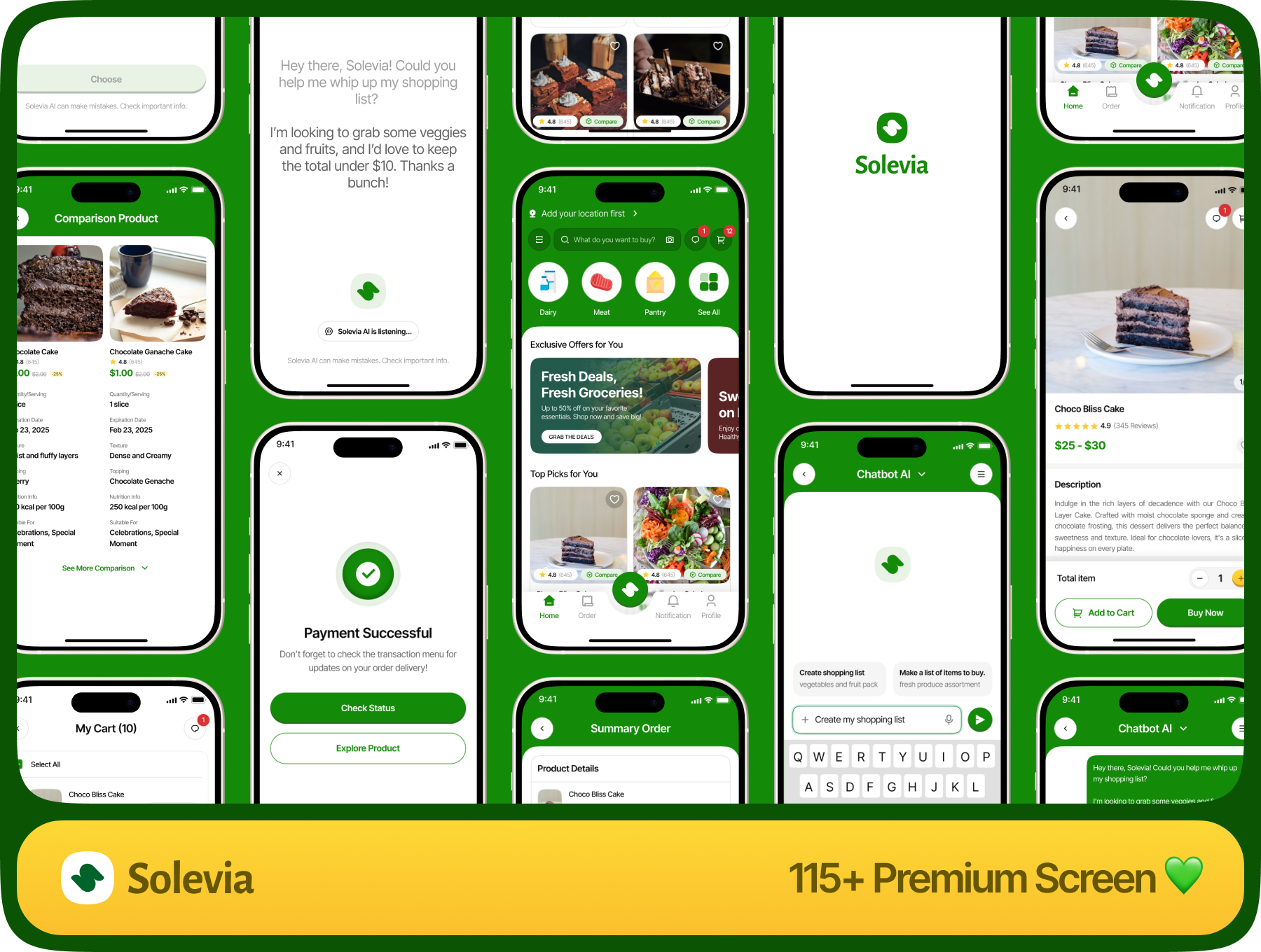 115+屏在线商城超市到家AI驱动购物APP界面模板 Solevia - AI Grocery Shopping App_waCRE1