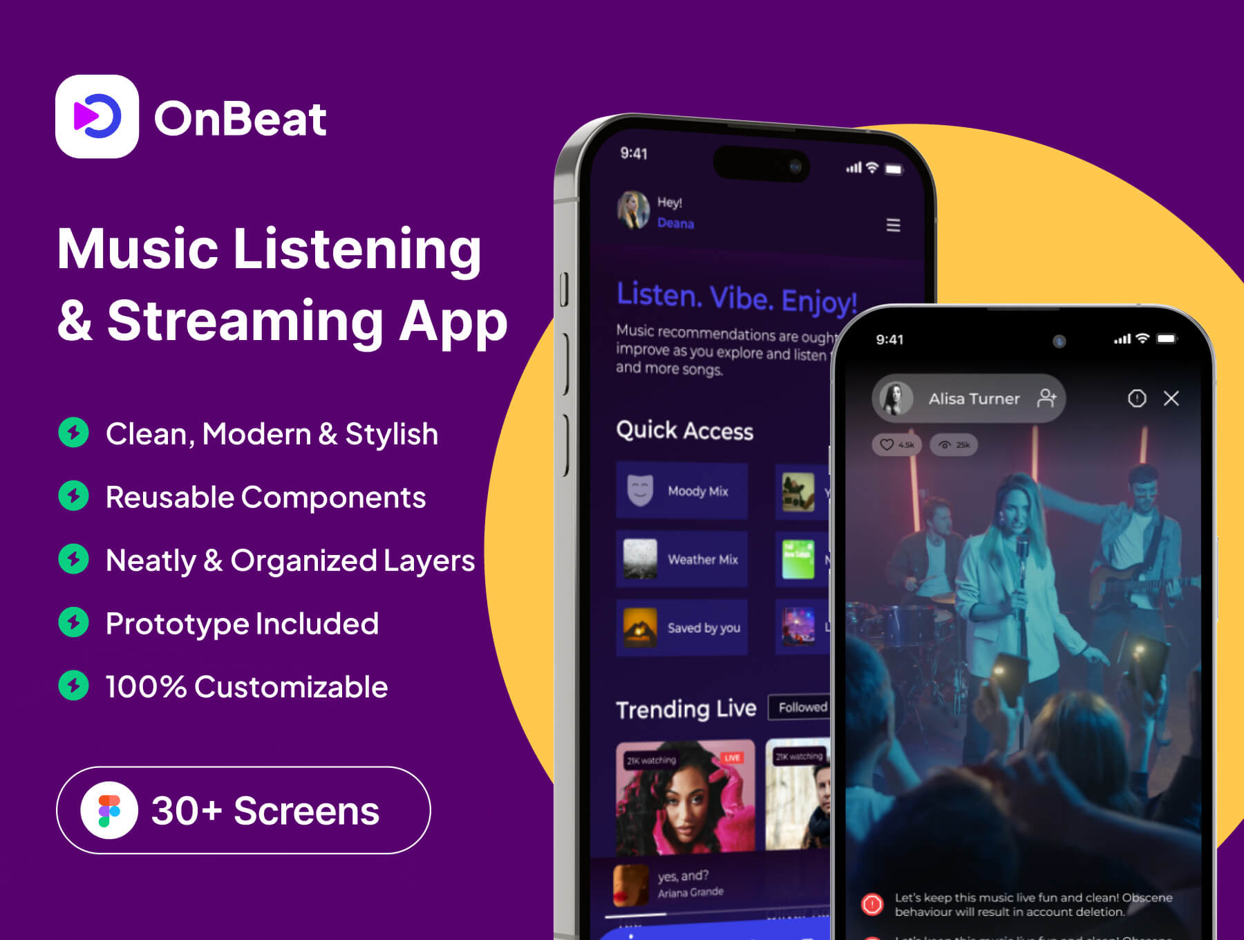 30+屏音乐流媒体直播播客应用界面模板  OnBeat - Music Listening & Streaming App_INPvIC