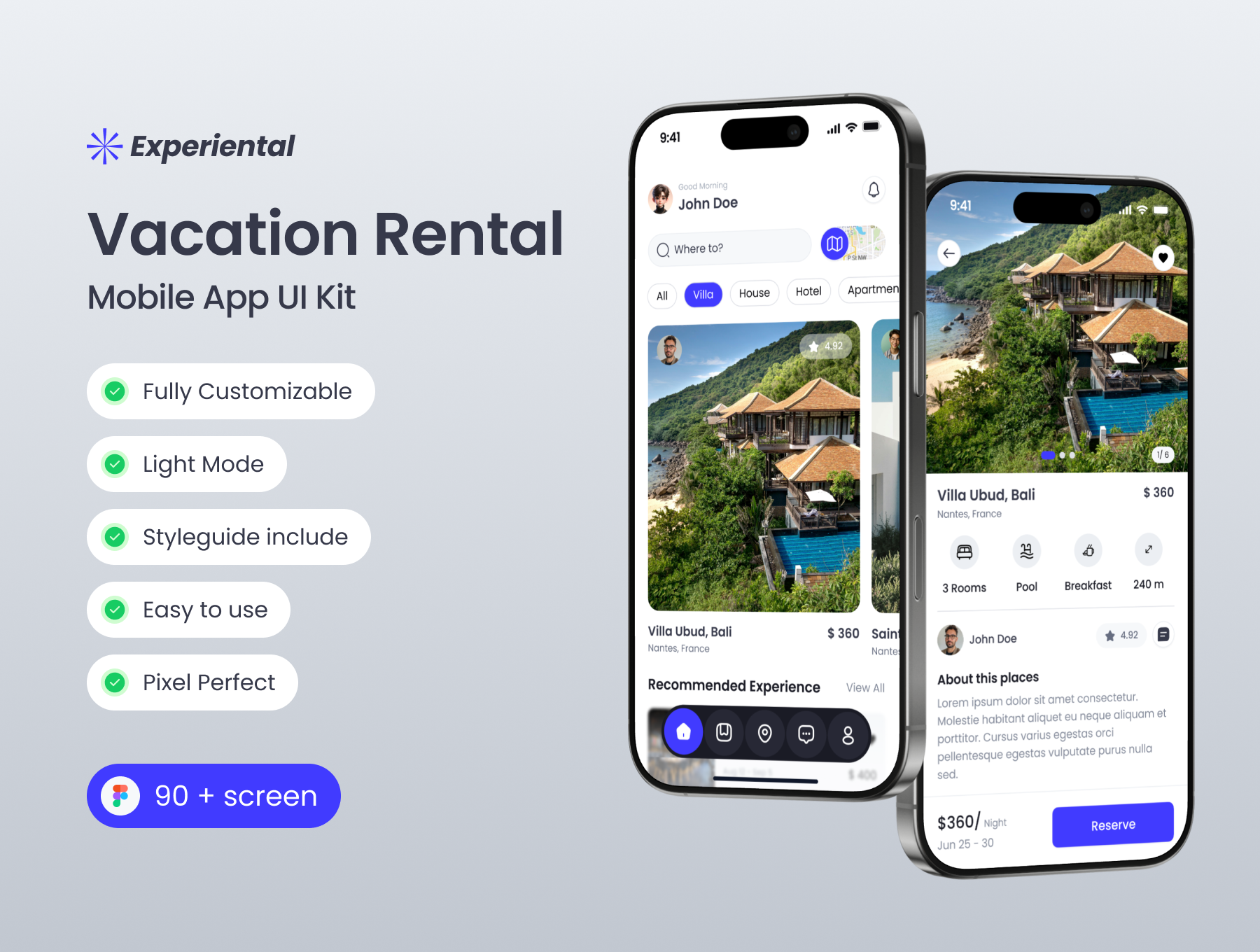 90+屏短租本地房屋租赁旅行酒店预定应用UI套件 Experiental - Vacation Rental UI KIT_VkdpmA