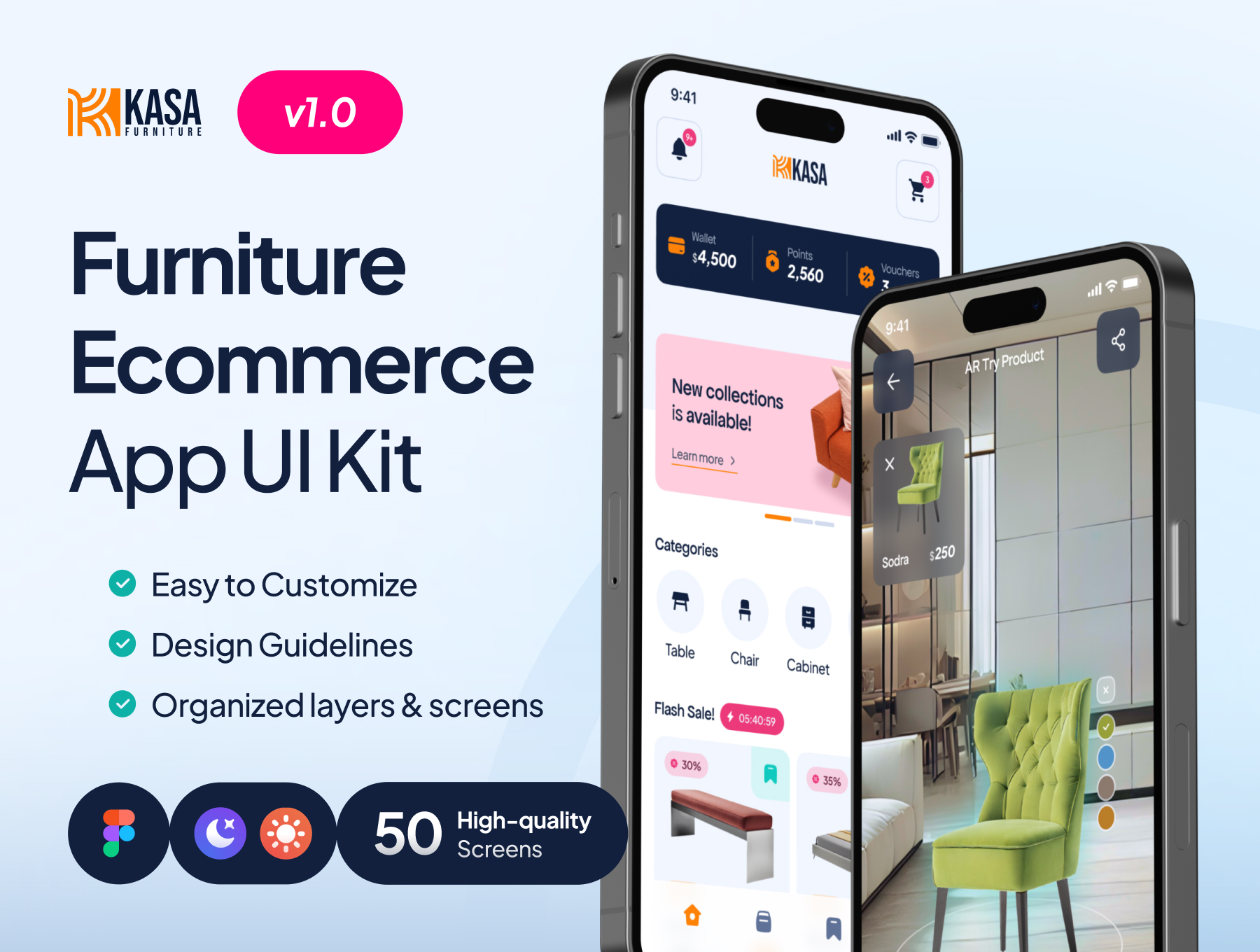 50屏AR支持家具家电在线店铺商城应用界面模板 Kasa - Furniture Ecommerce App UI Kit_zkcyBT