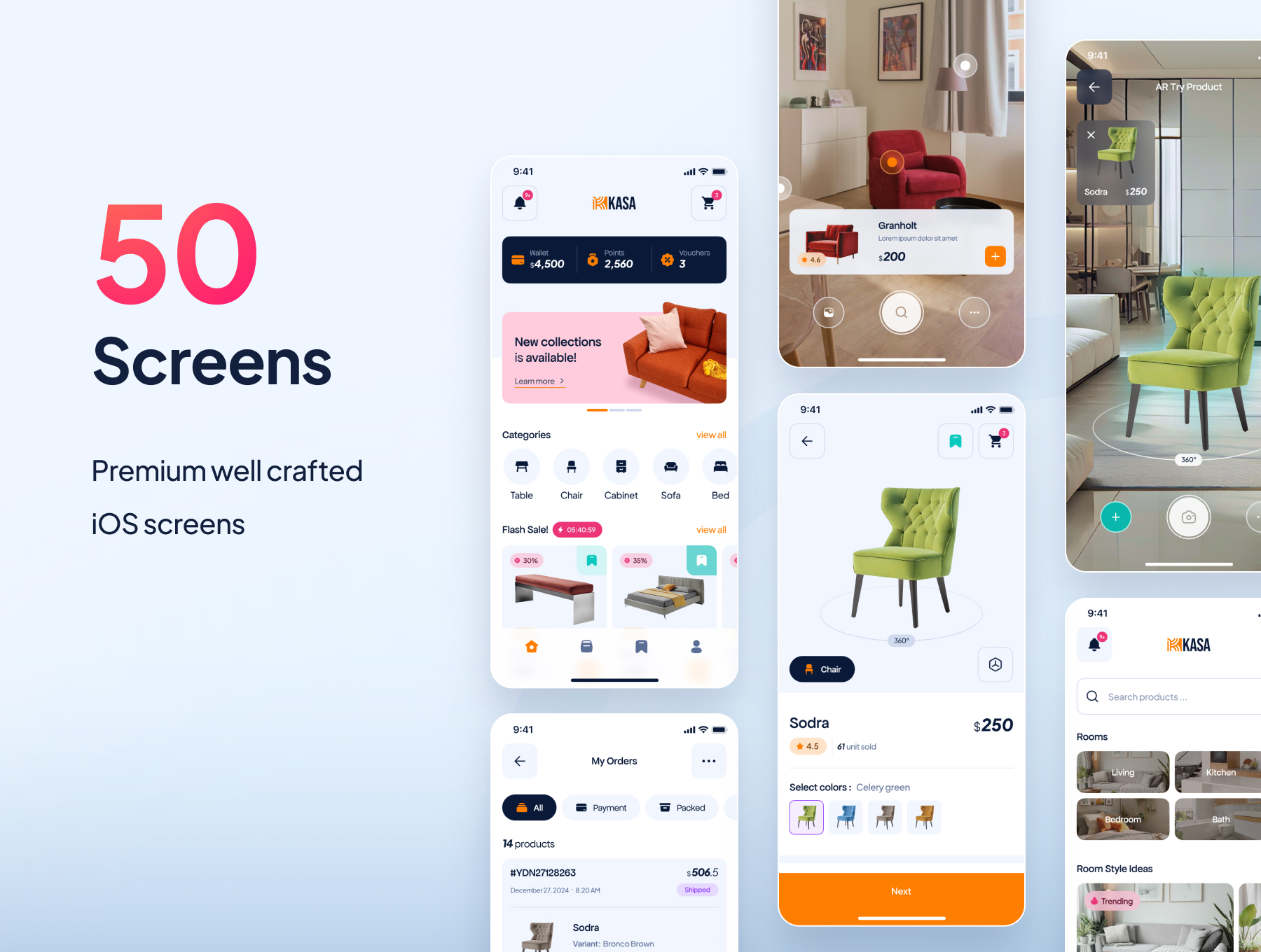 50屏AR支持家具家电在线店铺商城应用界面模板 Kasa - Furniture Ecommerce App UI Kit_qr9Crq