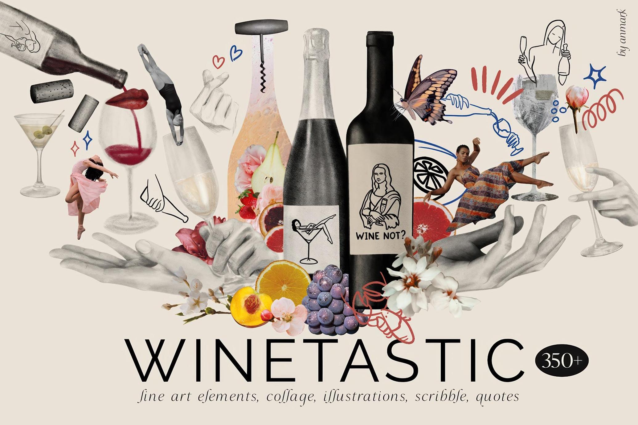 350+高端葡萄酒酒瓶手势拼接插画元素 Winetastic. Collage & Illustrations_NJPAV9