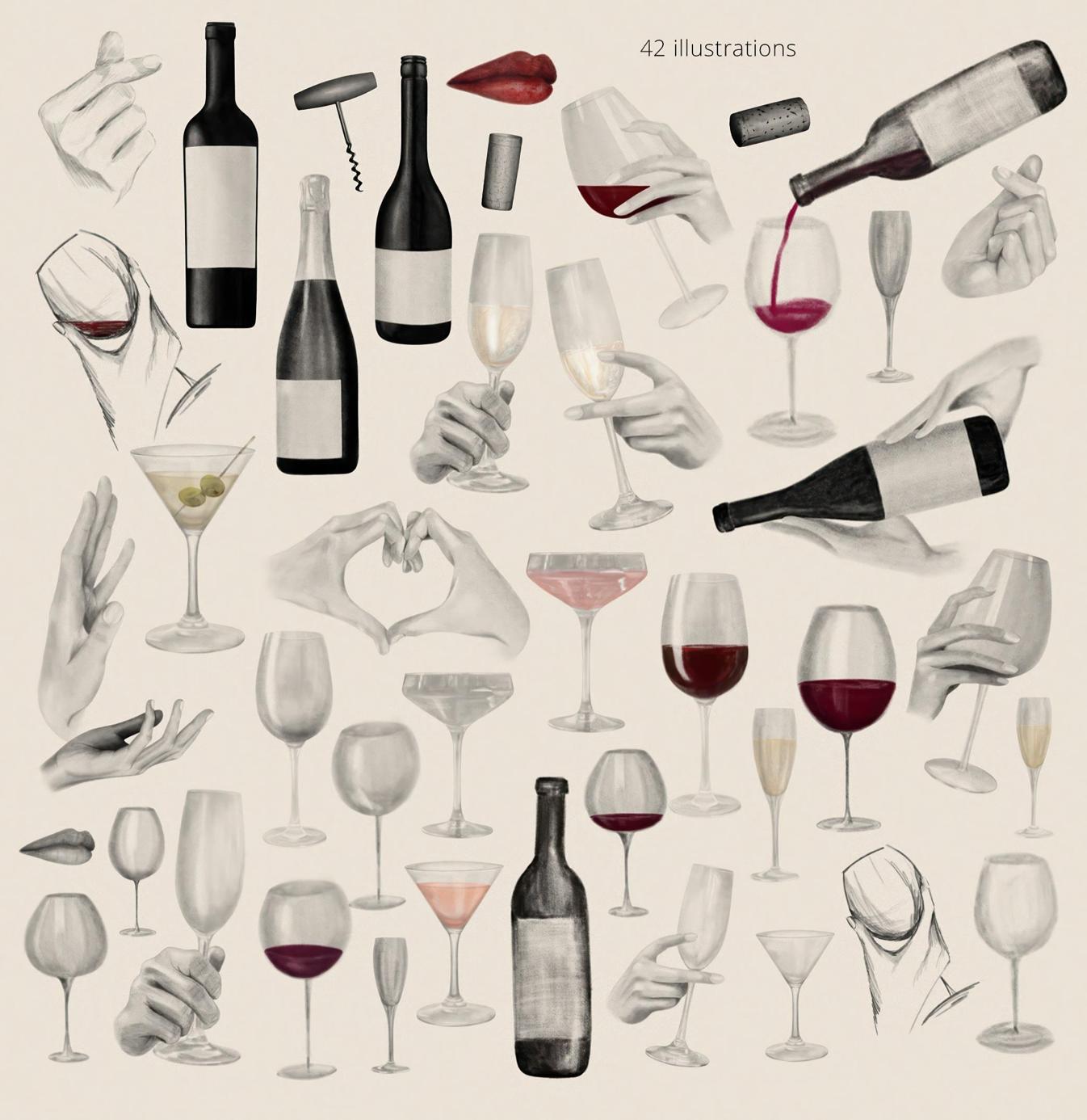 350+高端葡萄酒酒瓶手势拼接插画元素 Winetastic. Collage & Illustrations_Wn7Otc