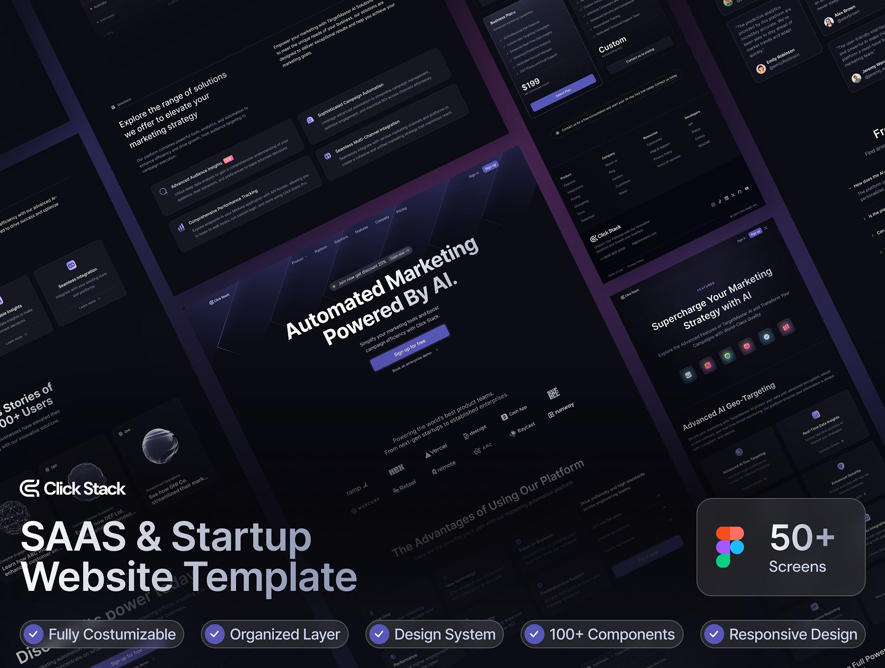 50+屏深色简约科技营销服务平台SAAS服务网站界面模板 Click Stack - SaaS Web Templates_kVgeEF