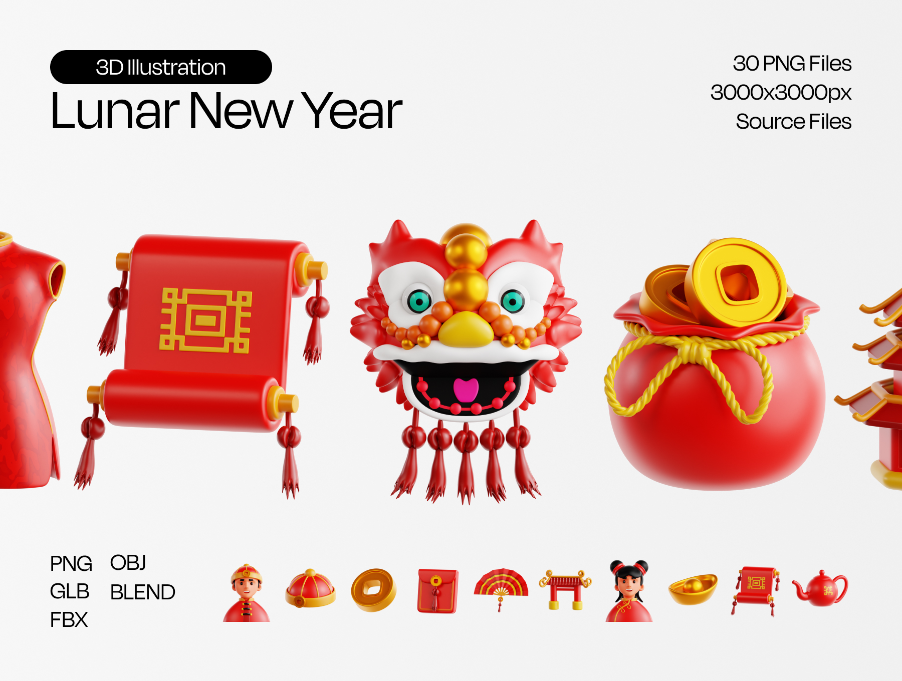 30个农历新年（蛇年）茶壶鞭炮蜡烛等插画图标 Lunar New Year 3D Illustration_img_1