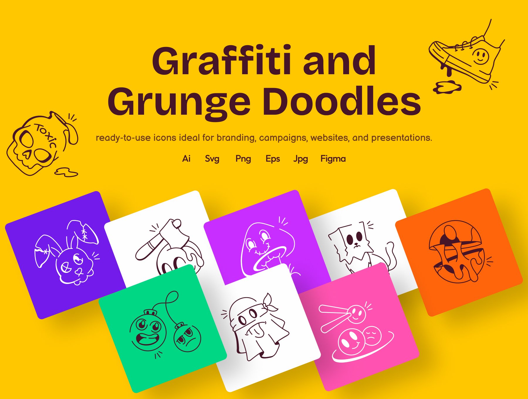 150个可爱街头艺术脏乱涂鸦矢量插画 Graffiti and Grunge Doodles_img_1