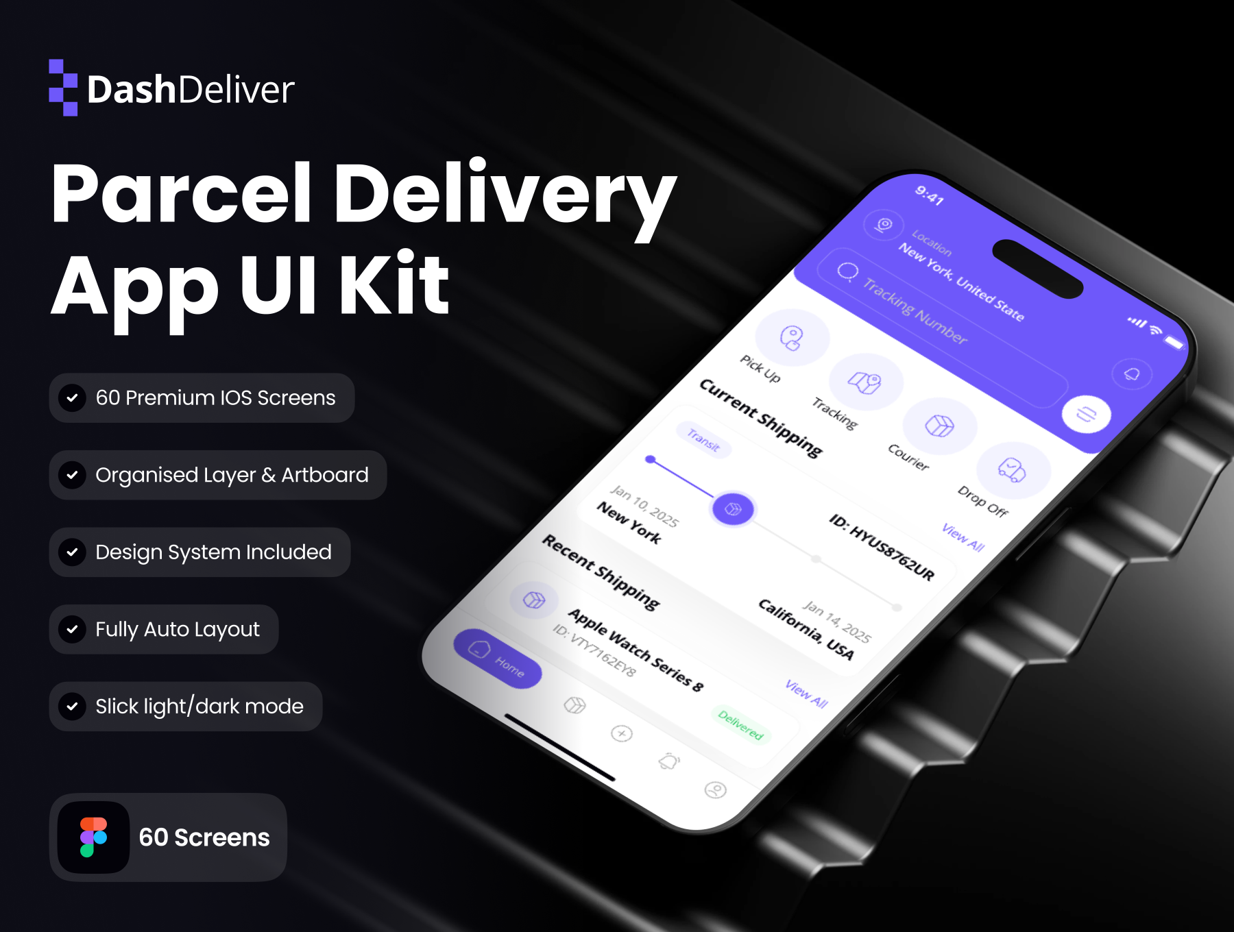 60屏现代专业包裹快递物流配送APP界面模板 DashDeliver - Parcel Delivery App UI Kit_img_1