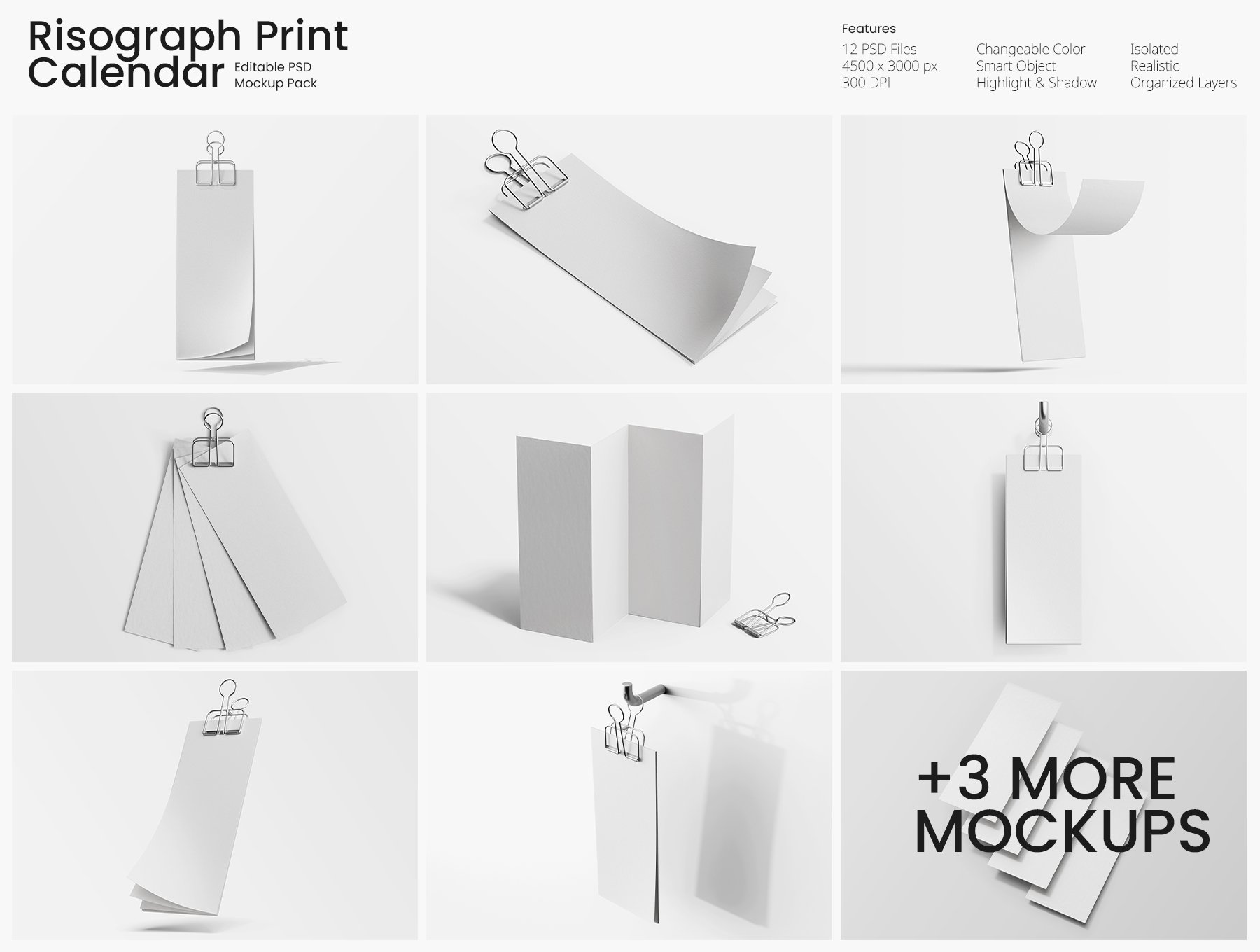 12款高级怀旧三折叠直版挂历日历PSD样机模型 Risograph Print Paper Calendar PSD Mockup Set_gSaoxF