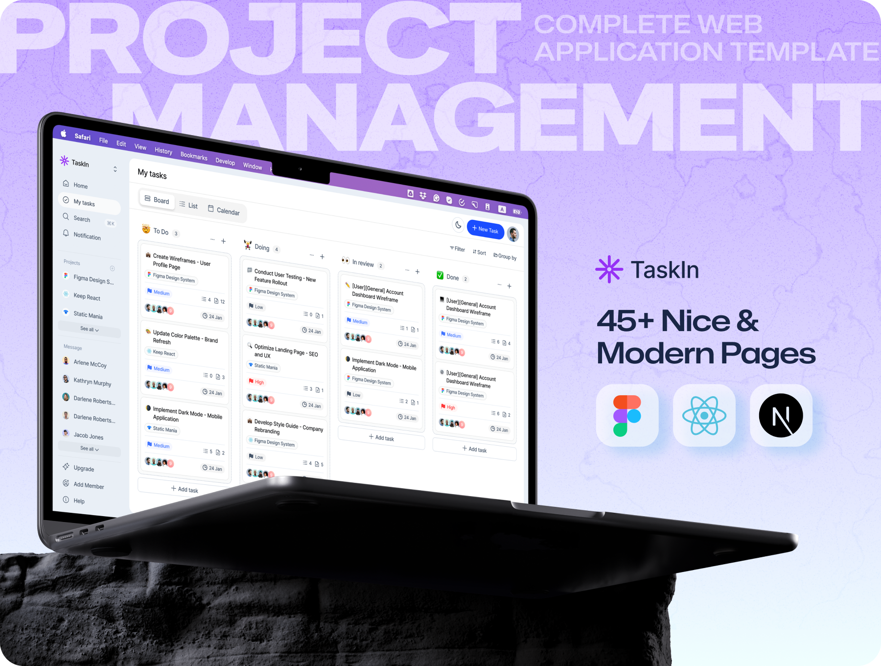 45+屏简约完善项目任务进度管理系统界面模板以及NextJs源码 TaskIn - Project Management Dashboard UI Kit_sknzUn