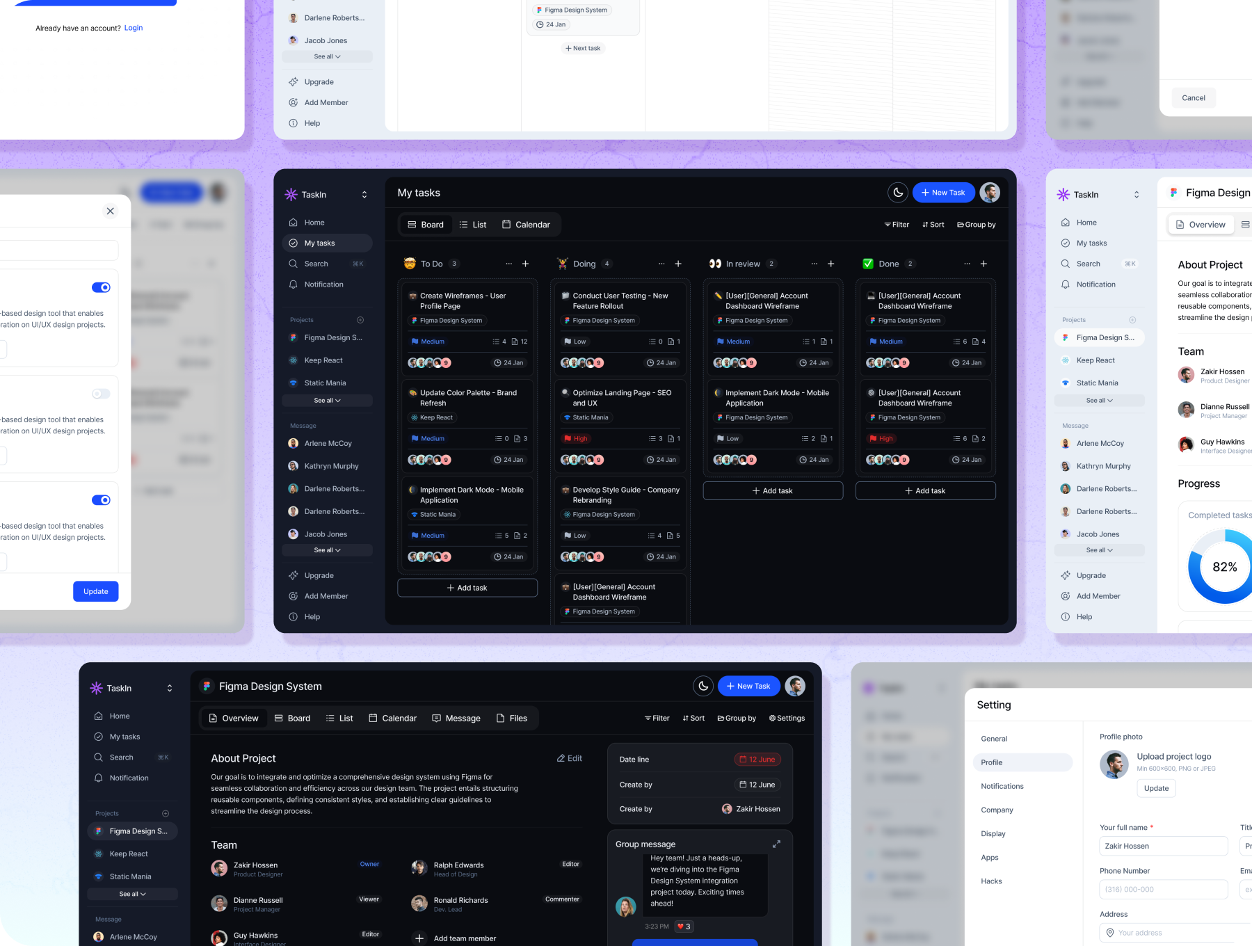 45+屏简约完善项目任务进度管理系统界面模板以及NextJs源码 TaskIn - Project Management Dashboard UI Kit_X0vHeY