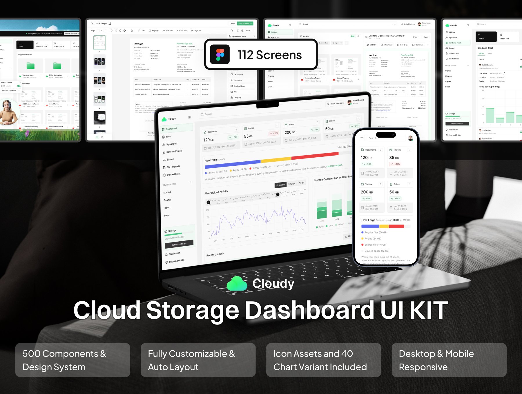 112屏简约响应式云存储CDN数据统计相关仪表盘界面模板 Cloudy - Cloud File Storage Dashboard UI Kit_J46v9o