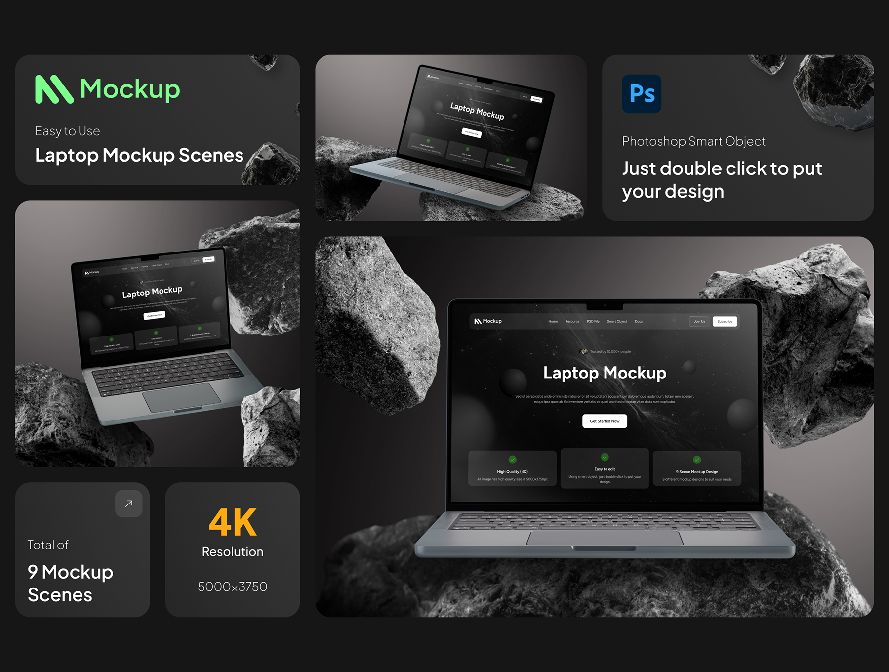 9款暗黑优雅岩石笔记本电脑样机模型 Laptop Mockup Screen Collection_jlfkTt