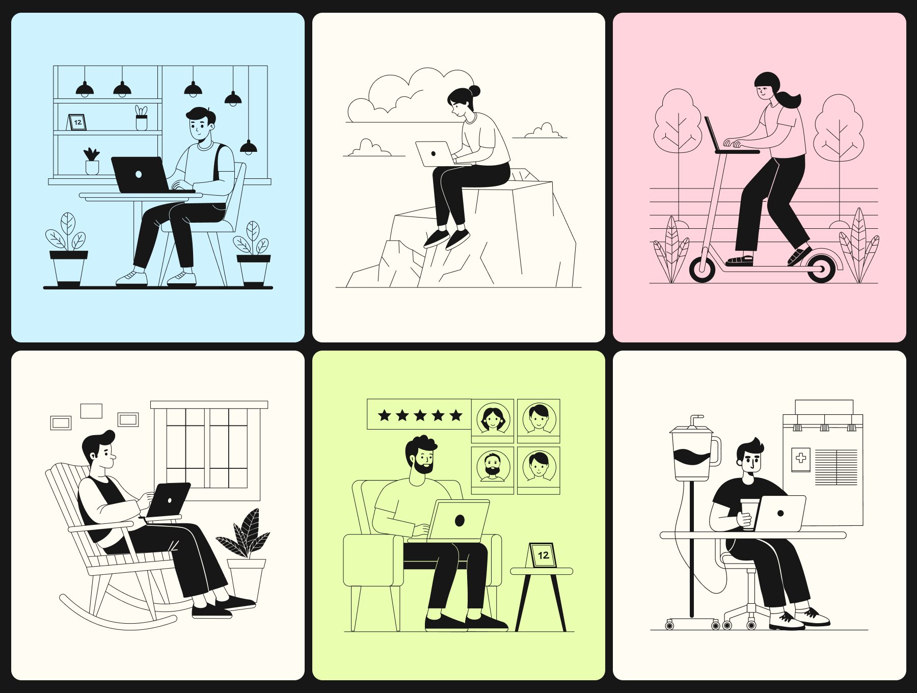 90个远程工作自由独立开发者线上办公场景矢量手绘插图 Freelance Vector Illustration Set_K7Y18q