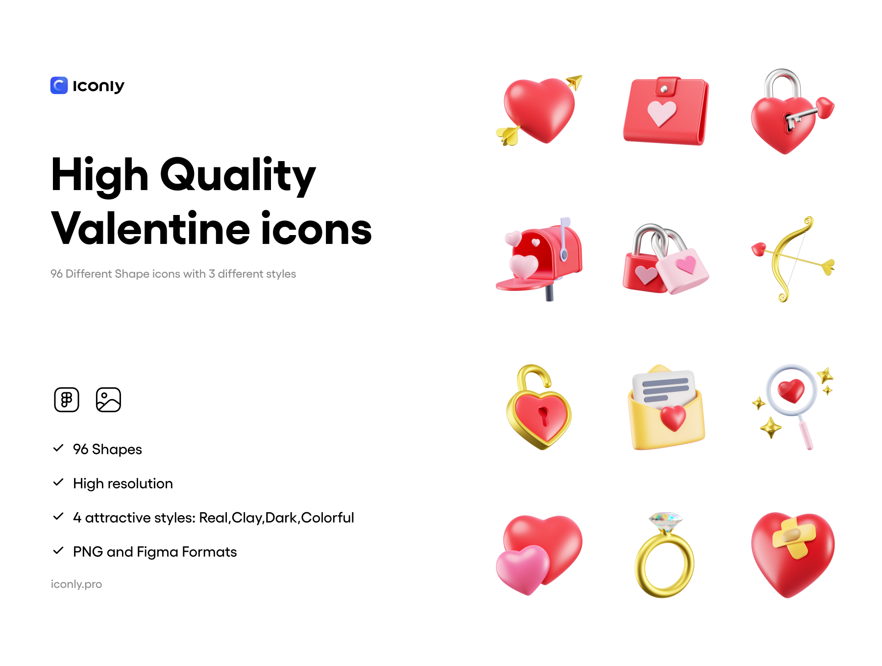 96个常用精美爱心爱意钻戒丘比特之箭情人节主题3D图标包 Valentine 3D icons, Iconly Pro_img_1