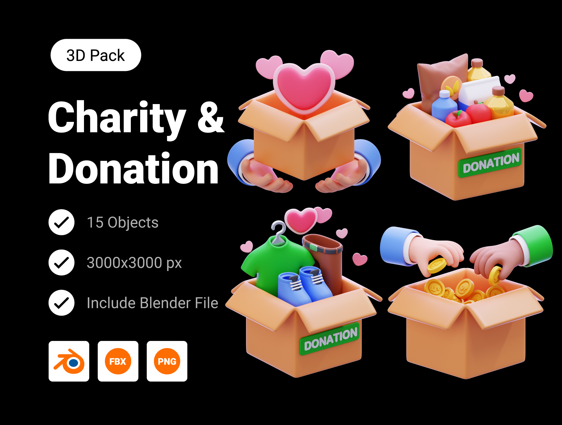 15款温馨有爱慈善衣物捐赠救助相关3D图标素材 Charity & Donation 3D Icon Pack_k05AhQ