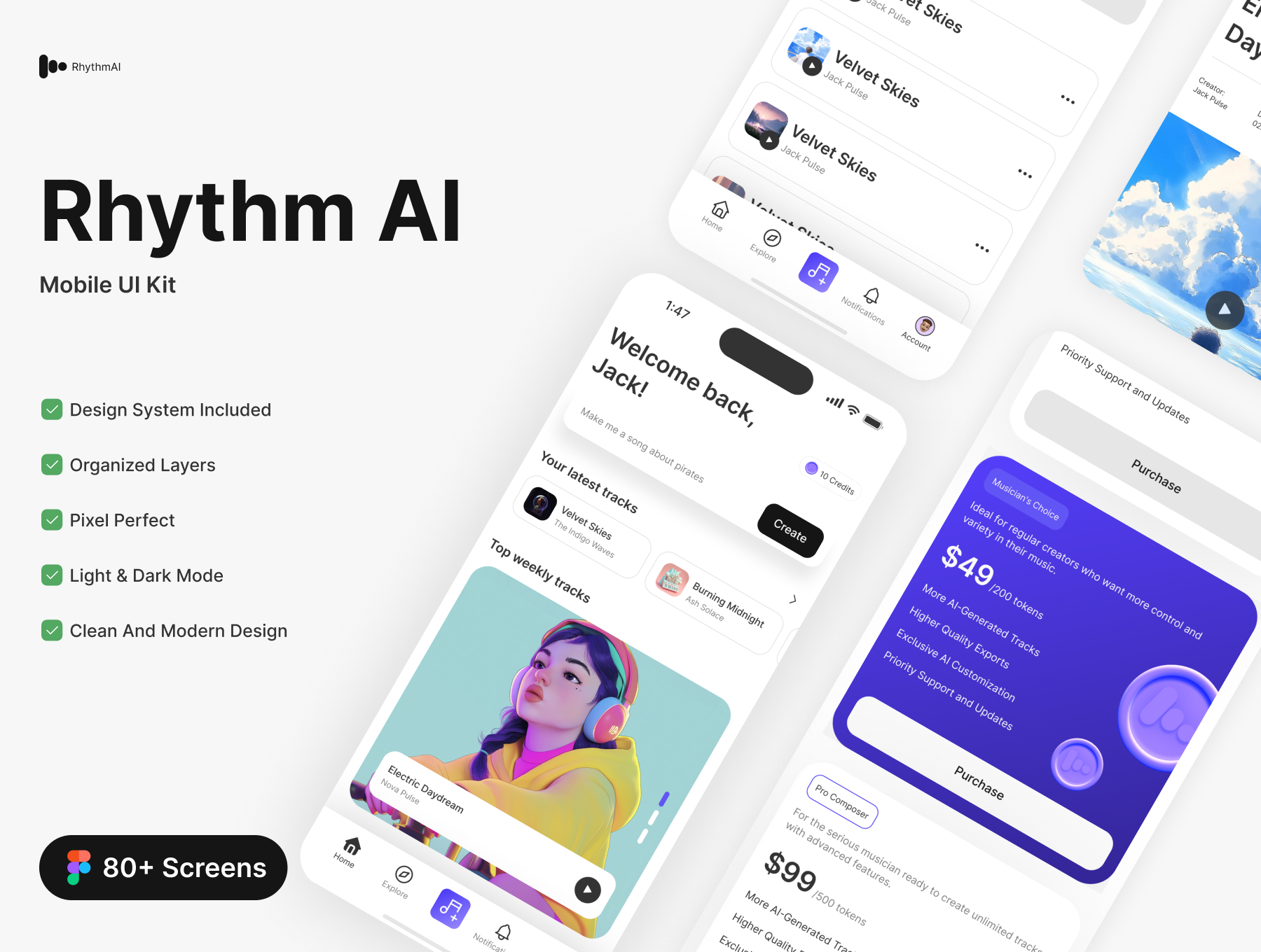80+屏人工智能生成音乐旋律音乐制作应用APP界面模板 Rhythm AI - AI Music Creation App UI Kit_img_1