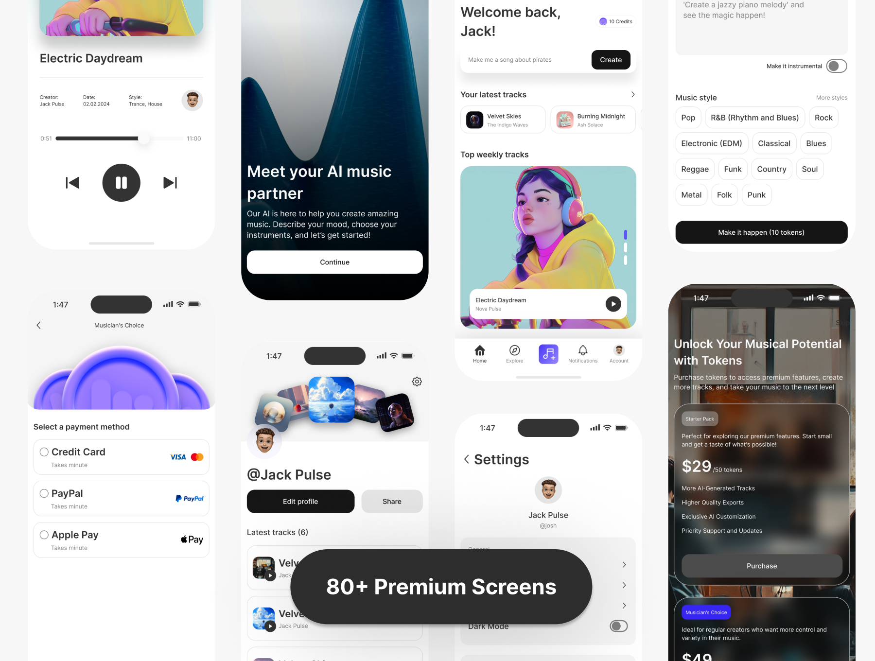 80+屏人工智能生成音乐旋律音乐制作应用APP界面模板 Rhythm AI - AI Music Creation App UI Kit_img_1