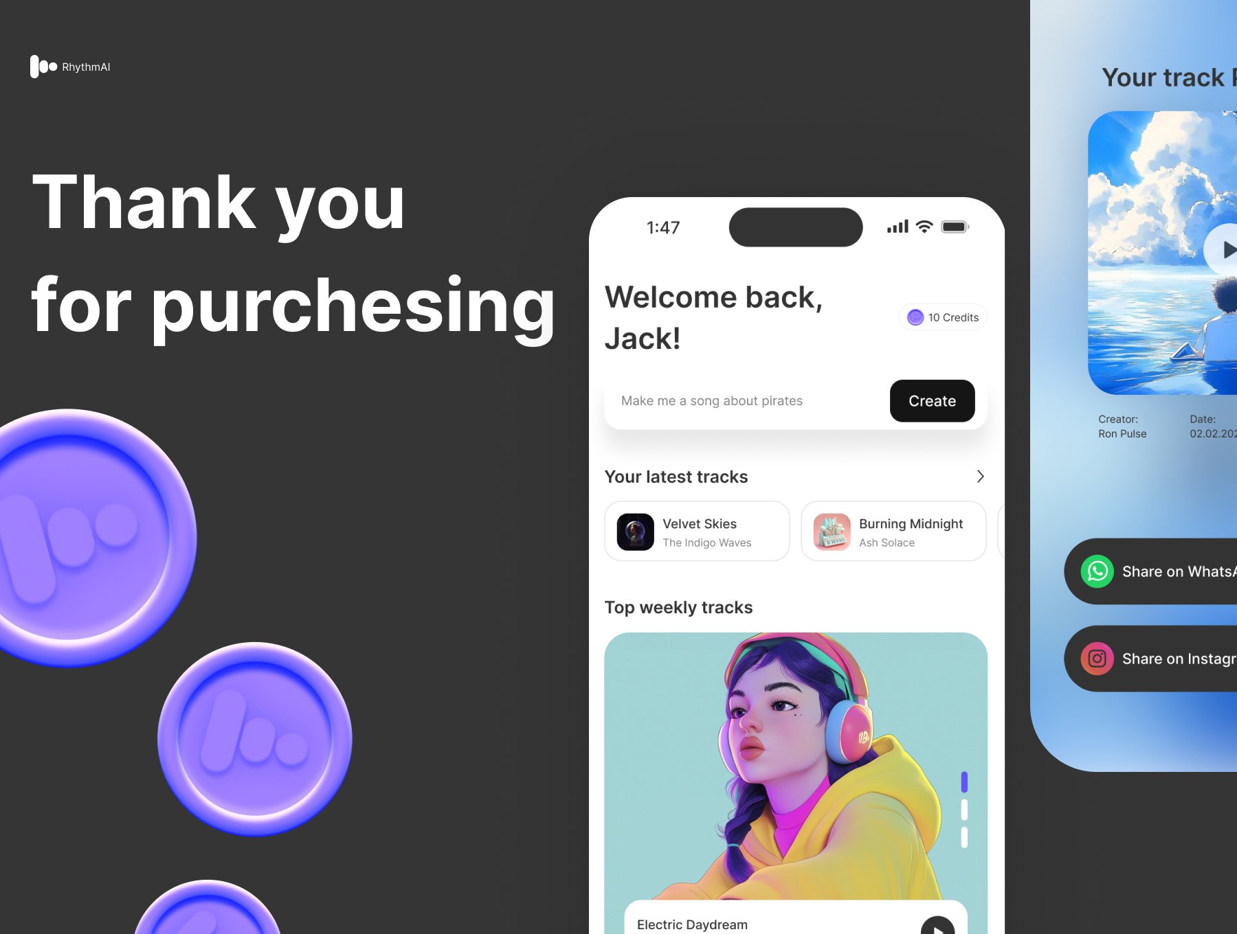 80+屏人工智能生成音乐旋律音乐制作应用APP界面模板 Rhythm AI - AI Music Creation App UI Kit_img_1