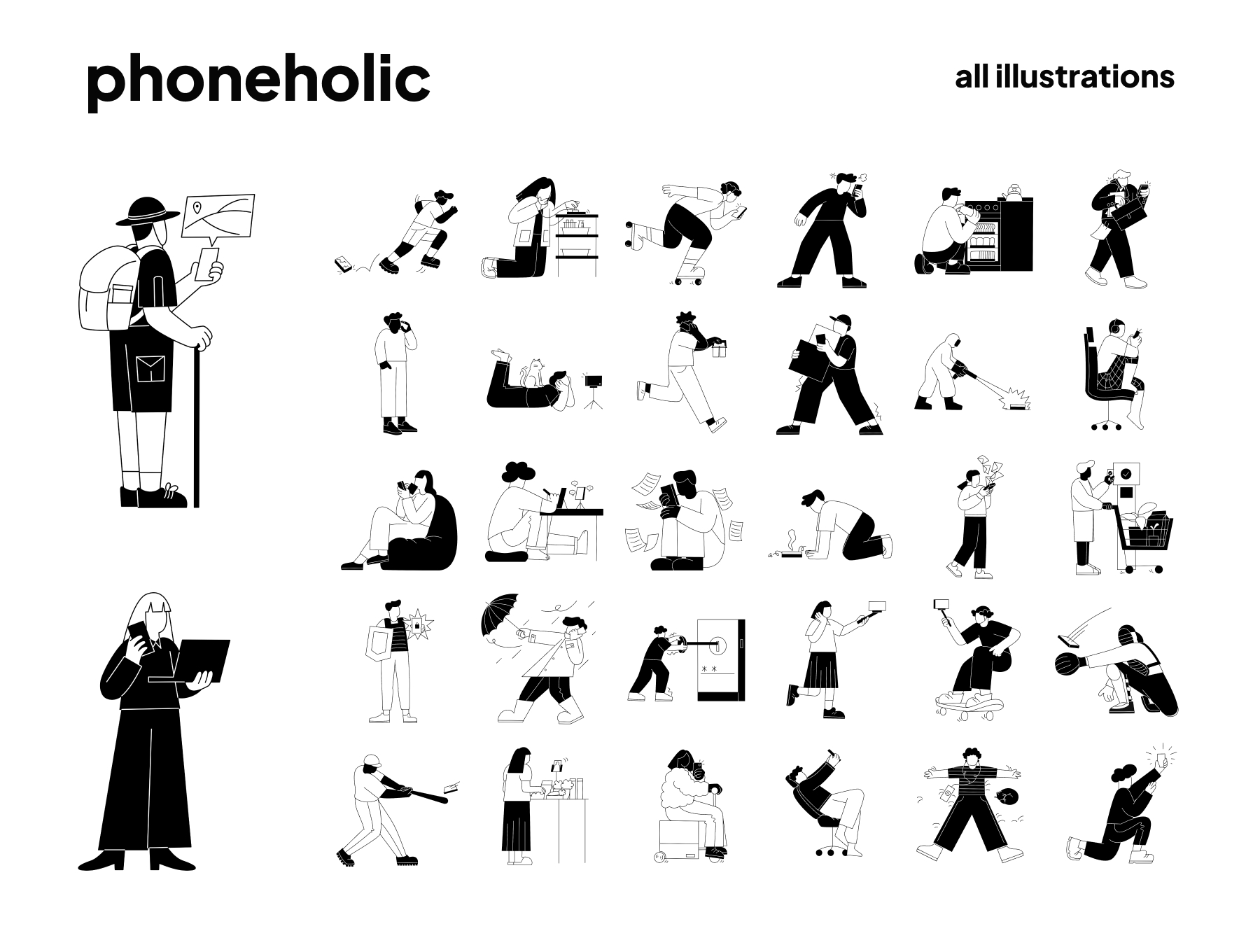 32张运动自拍手机自拍刷手机人与手机互动关系矢量手绘插画集 Phoneholic_pSUcl8