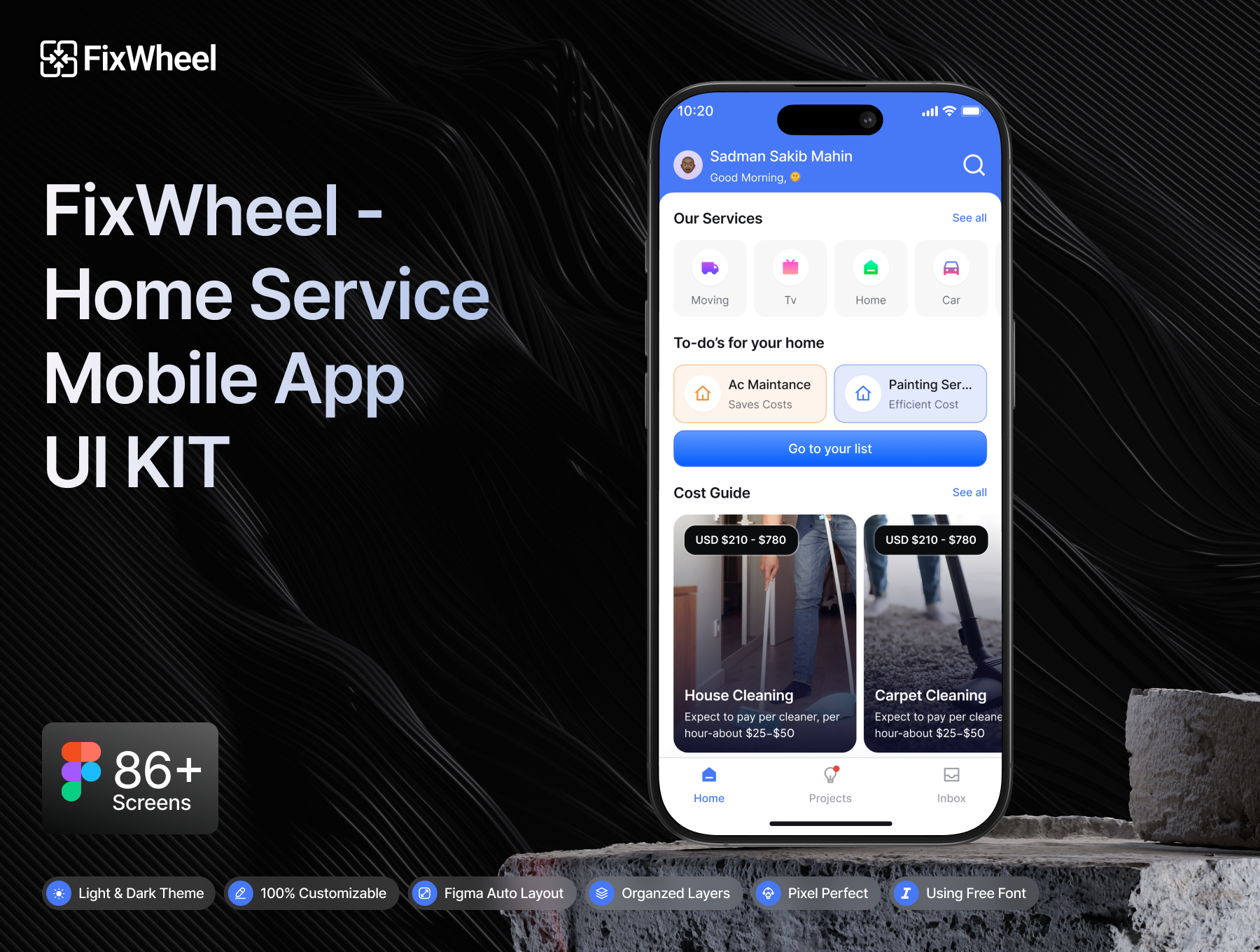 86+屏双配色简约家庭水电维修保洁服务装修零工应用UI套件 FixWheel - Home Service App Ui Kit_vMsuLl