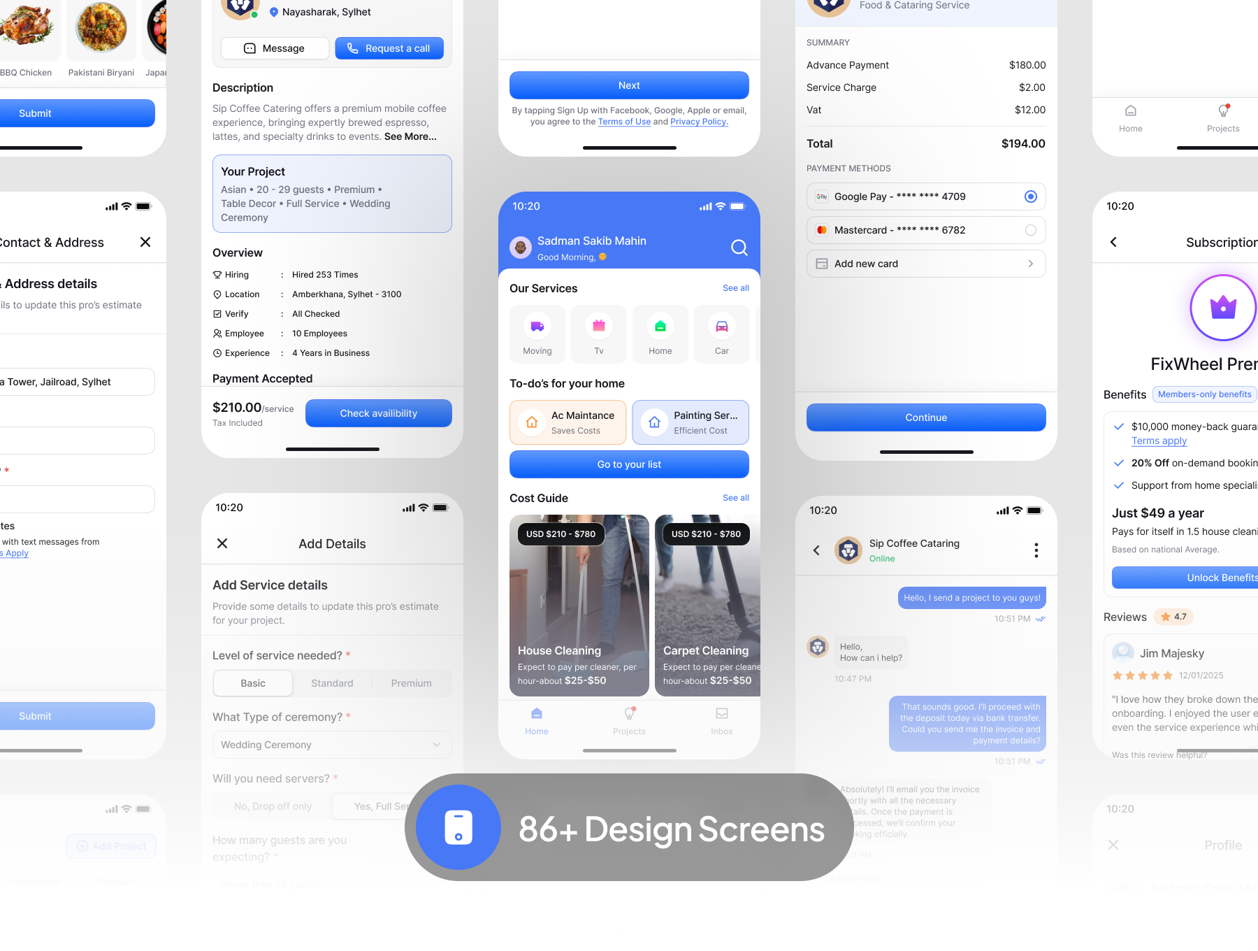 86+屏双配色简约家庭水电维修保洁服务装修零工应用UI套件 FixWheel - Home Service App Ui Kit_D6fhpo
