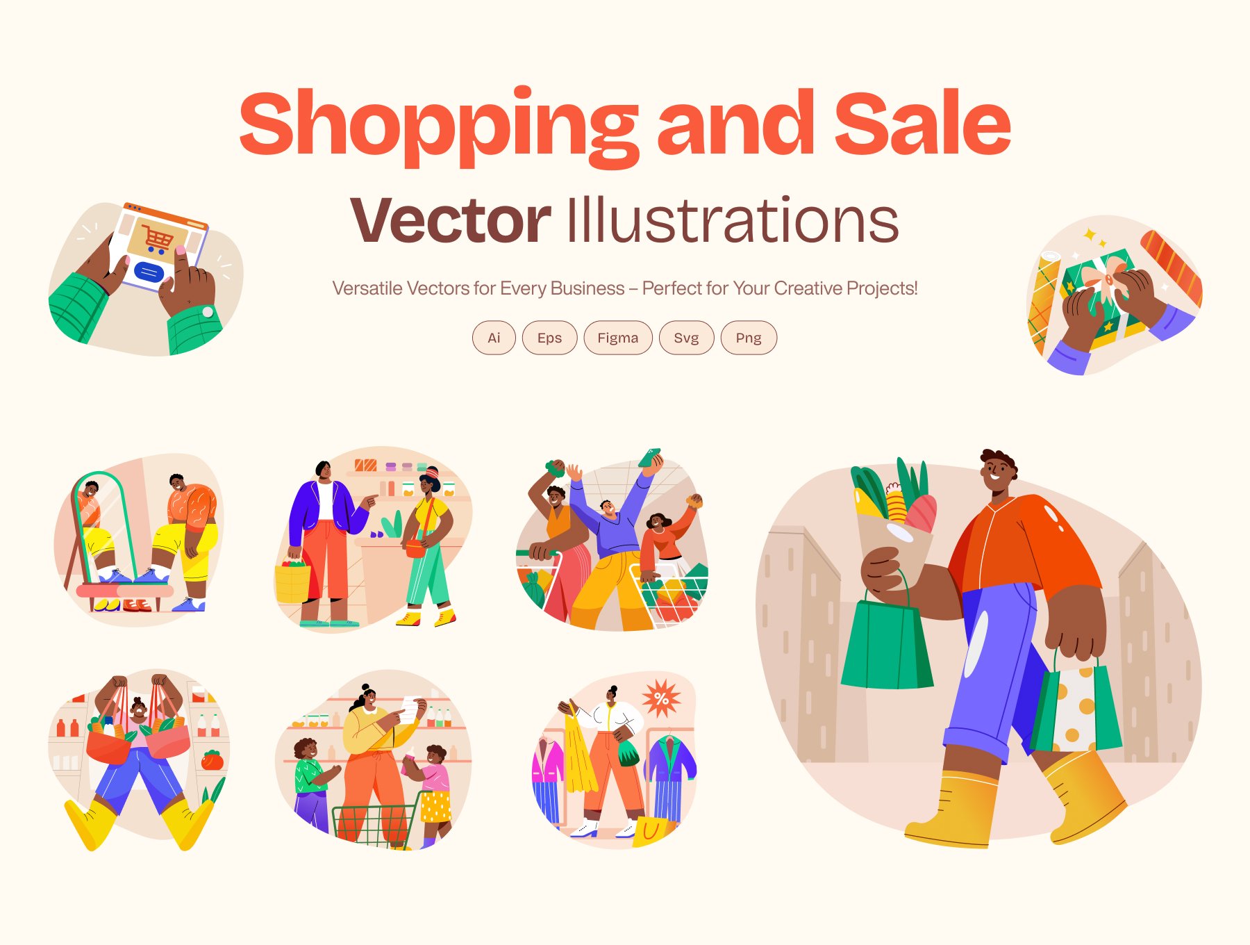 60款购物打折促销清仓特卖店铺宣传矢量手绘插画  Shopping and Sale Vector Set_v6JY11