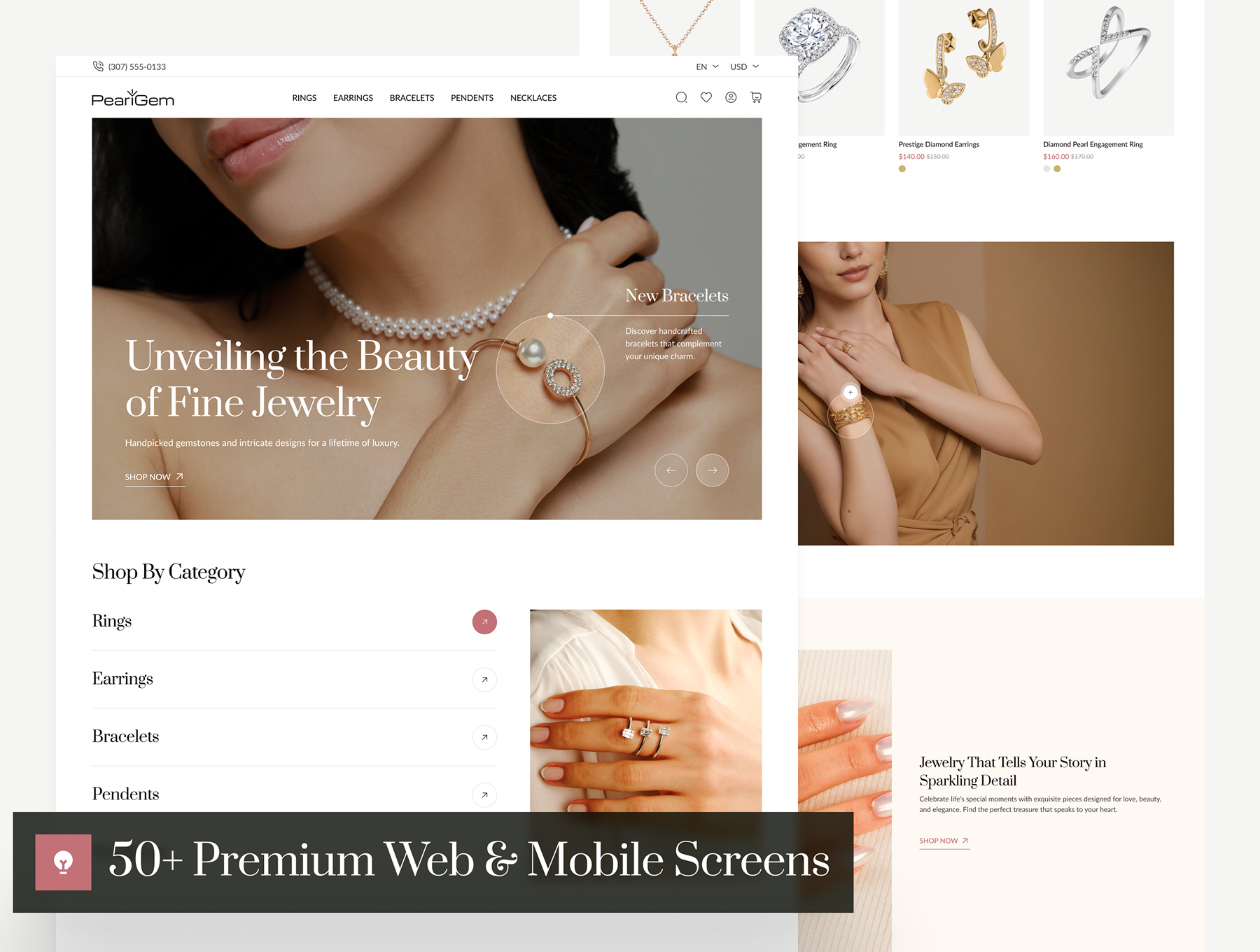 50+ 屏时尚简约高端响应式珠宝首饰奢侈品电子商城Web界面模板 PearlGem - Jewelry Ecommerce Website UI Kit_img_1