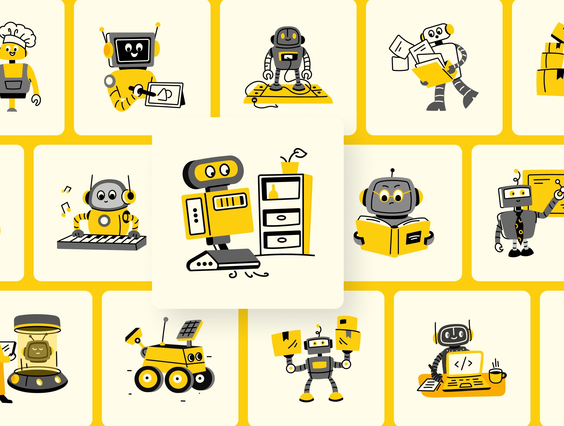 75款未来科技AI驱动人形伴侣机器人无人机工作助手矢量插图  Robot Vector Collection_img_1