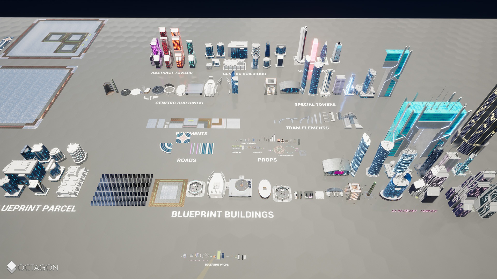 UE素材 科幻赛博朋克未来城市塔楼建筑商铺商城灯光环境3D素材包 Retro Sci-Fi Futuristic City Pack  _Onb2In