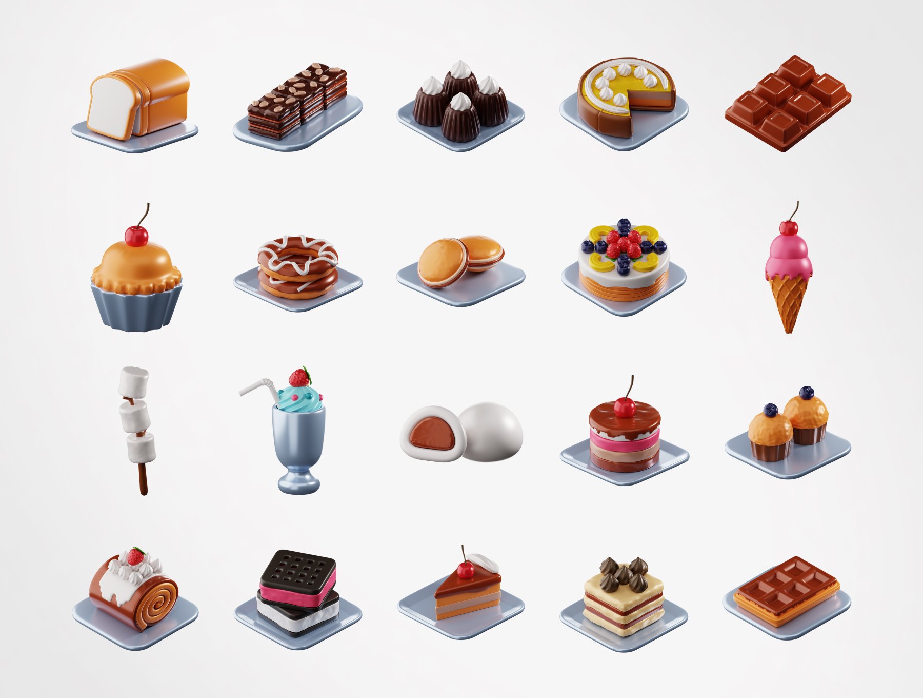 🍰 40款卡通蛋糕面包巧克力果汁棒棒糖等3D甜点图标合集 🍩 | 3D Dessert Icons_img_1