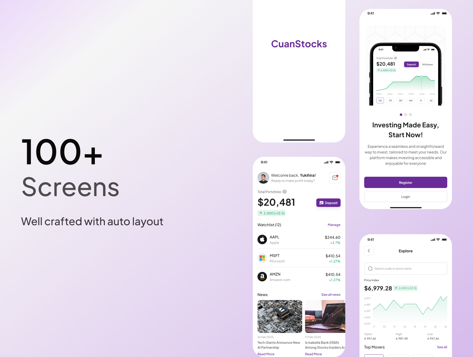 100+屏完整的股票投资行情交易管理应用UI界面设计 | CuanStocks - Stock Trading App UI KIT_Vcf492