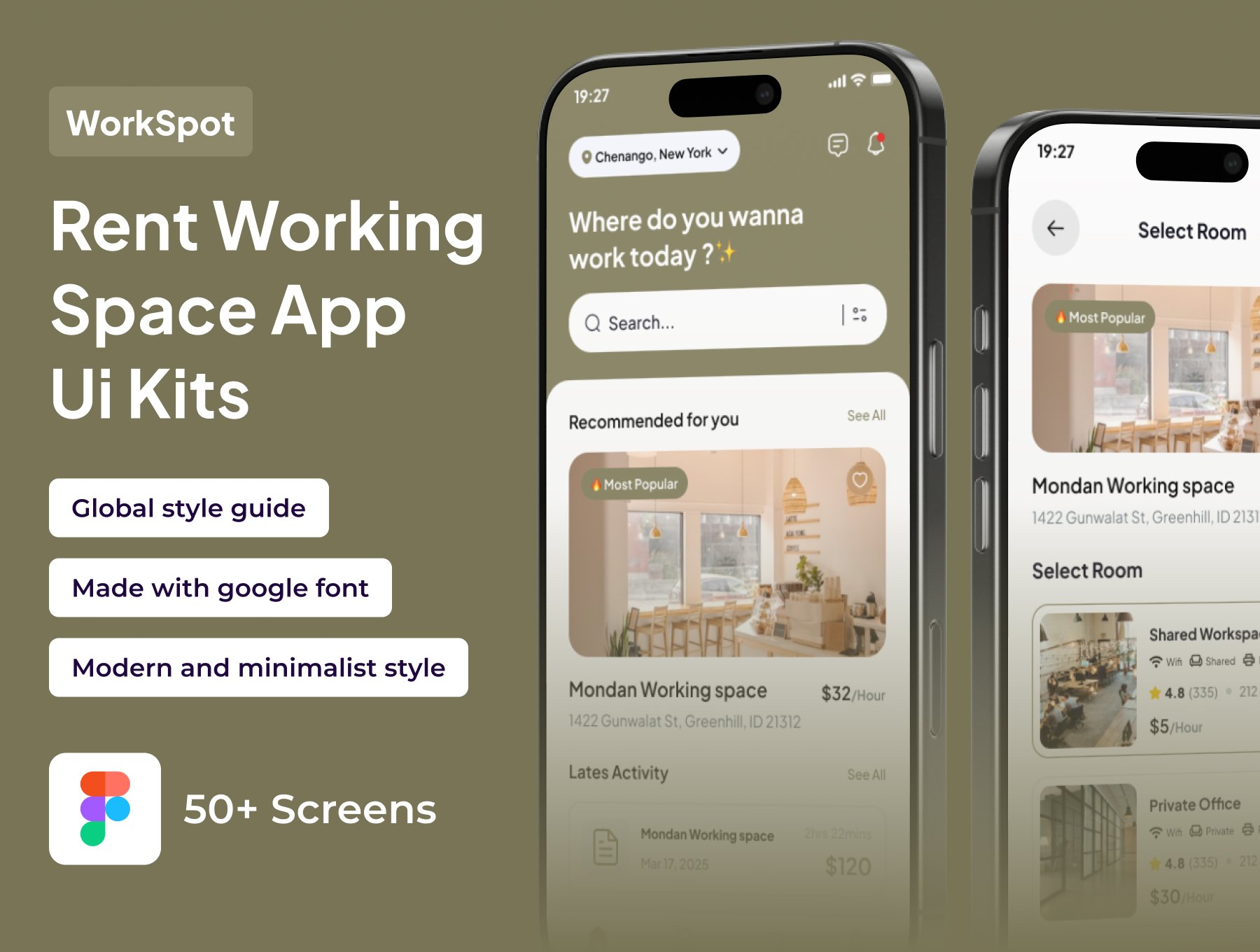 50+屏精美简洁办公空间工位办公室租赁商业住宅出租APP UI界面模板 |  WorkSpot - Rent Working Space Premium UI KIts App_onwM8k