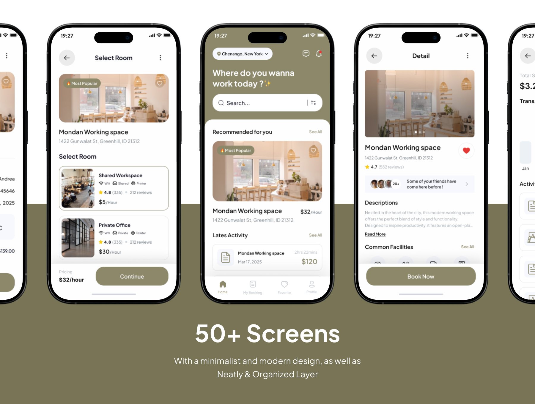 50+屏精美简洁办公空间工位办公室租赁商业住宅出租APP UI界面模板 |  WorkSpot - Rent Working Space Premium UI KIts App_wC9liP