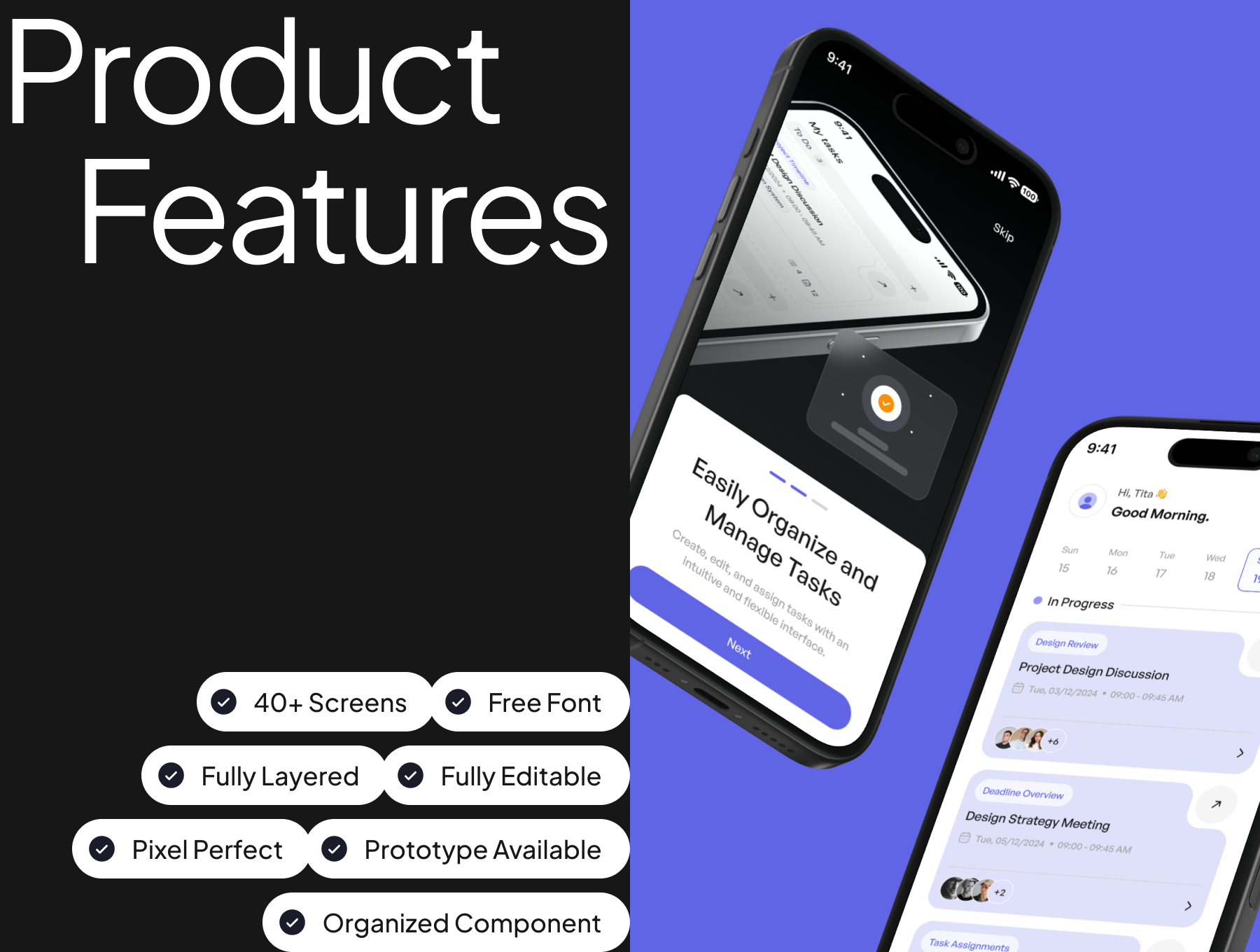 40+屏任务管理行程管理跟踪协作APP界面模板 | Task Manager App UI Kit V.2_img_1