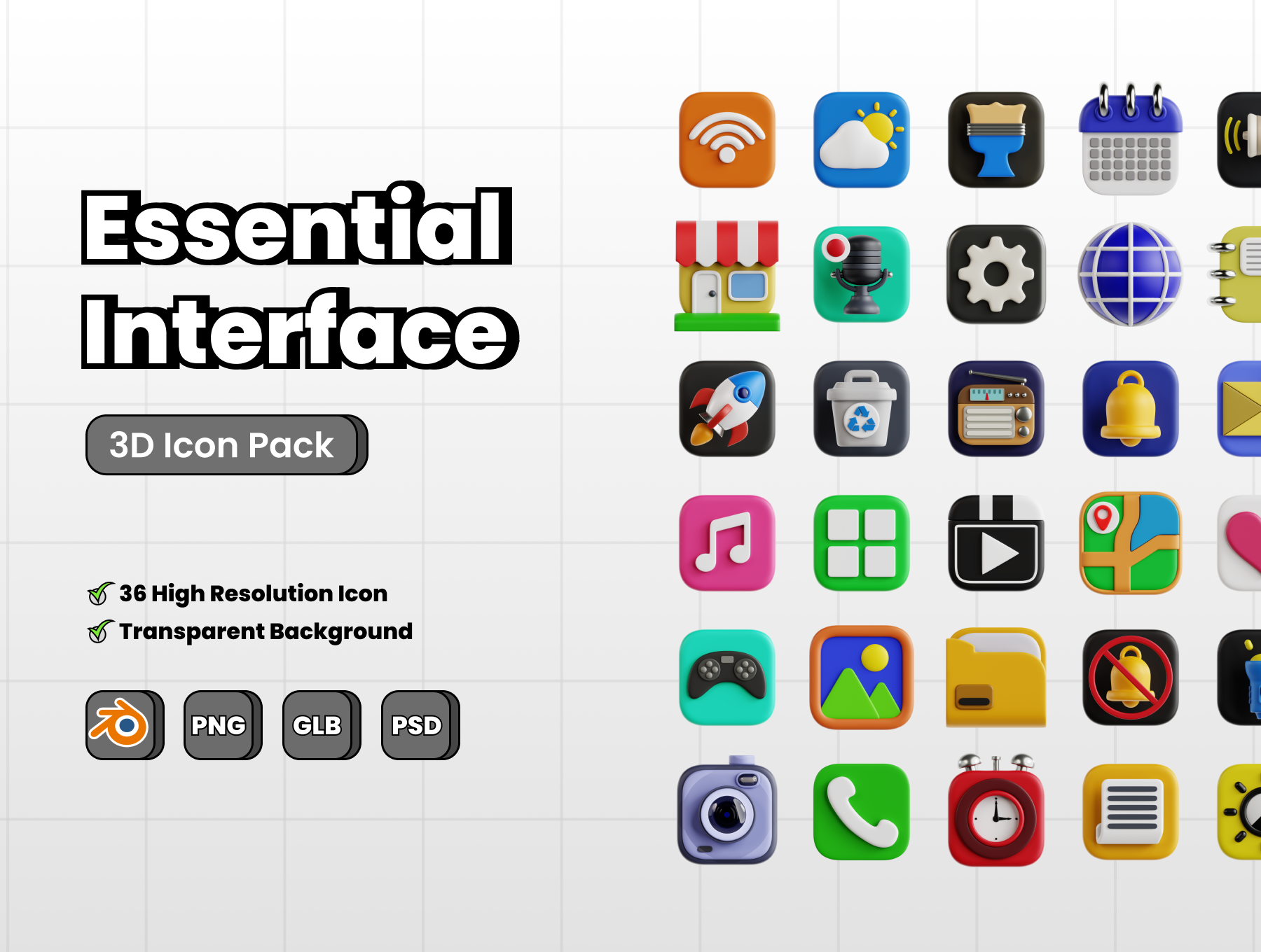  36款现代极简2D/3D系统应用APP图标集合 | 3D Essential Interface_img_1