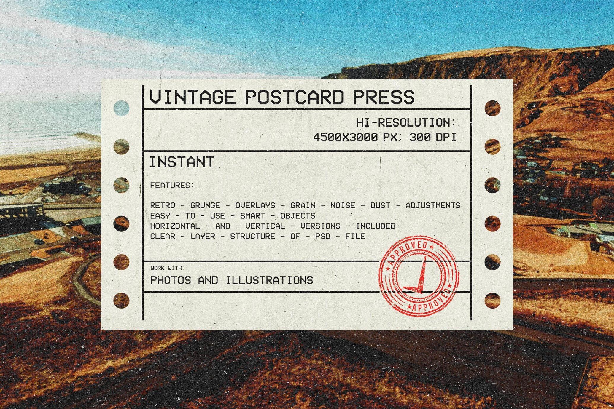 超逼真复古颗粒噪点做旧褪色明信片专辑广告杂志封面PSD特效 Vintage Postcard Press_gYjZV2