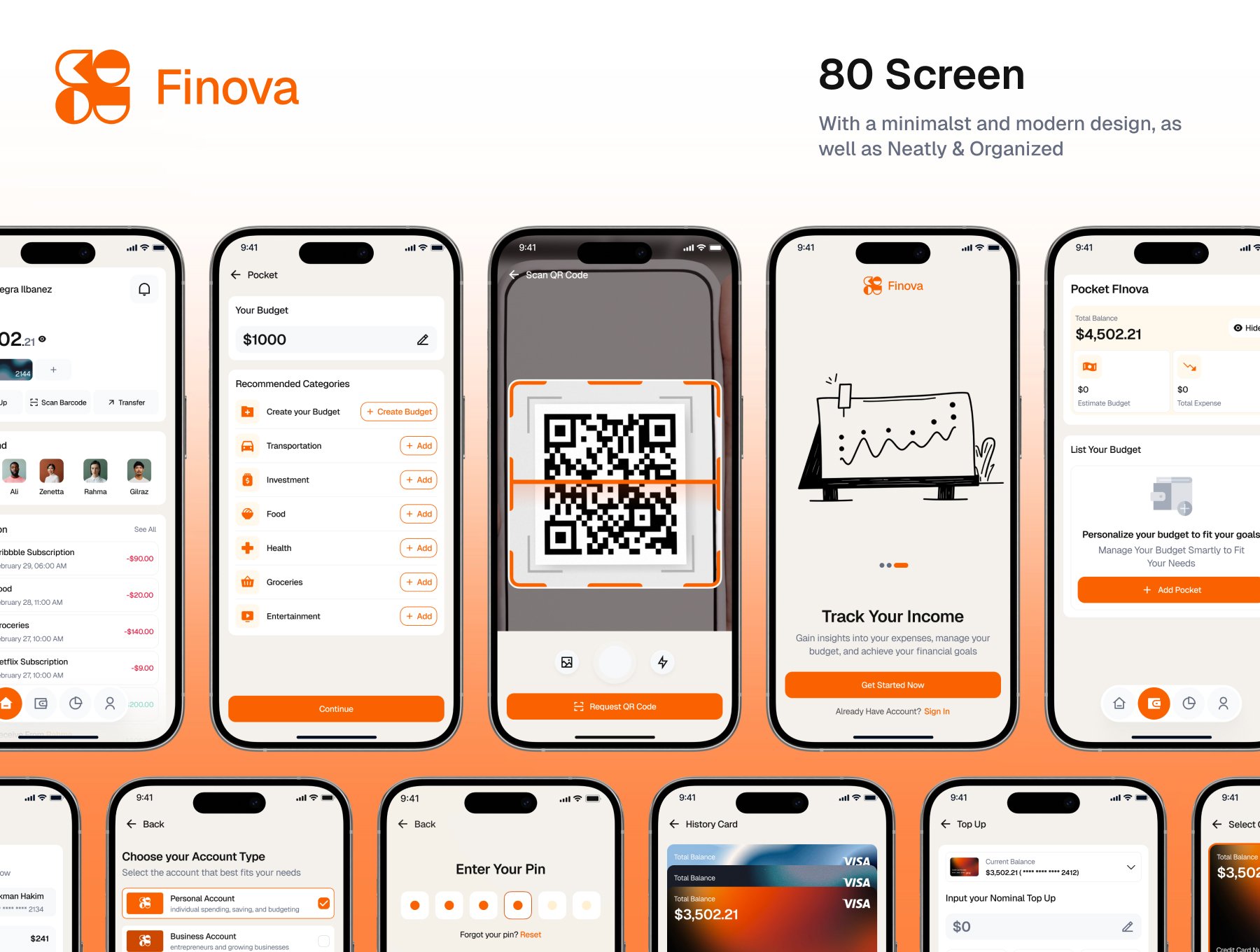80+屏简约优雅金融银行钱包理财App UI套件|Finova - Finance Mobile App UI KIT_JKuDb9