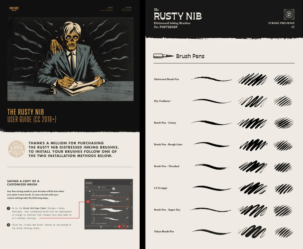 超逼真133款复古风手绘水墨钢笔毛笔扁平PS笔刷合集 | True Grit Texture Supply - The Rusty Nib for Photoshop_KKY9Ik
