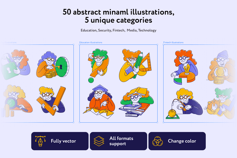 50款简约矢量涂鸦插画合集|教育、安全、金融、媒体、科技五大主题全面覆盖,助力高效设计呈现 | Dodsly Doodle Minimal Illustrations_epuStG