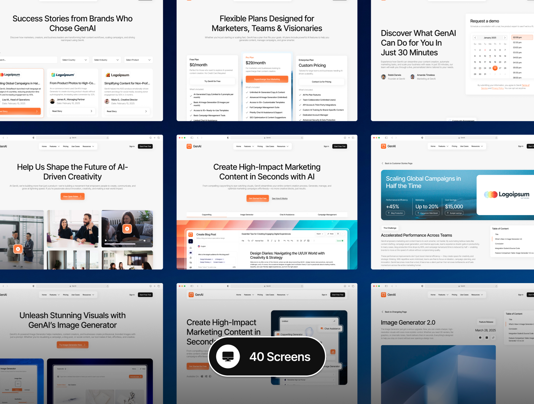 40屏生成式AI网站人工智能AI文生图落地页官网企业站界面模板 | Gen AI - Generative AI Website UI Kit_kBopgo