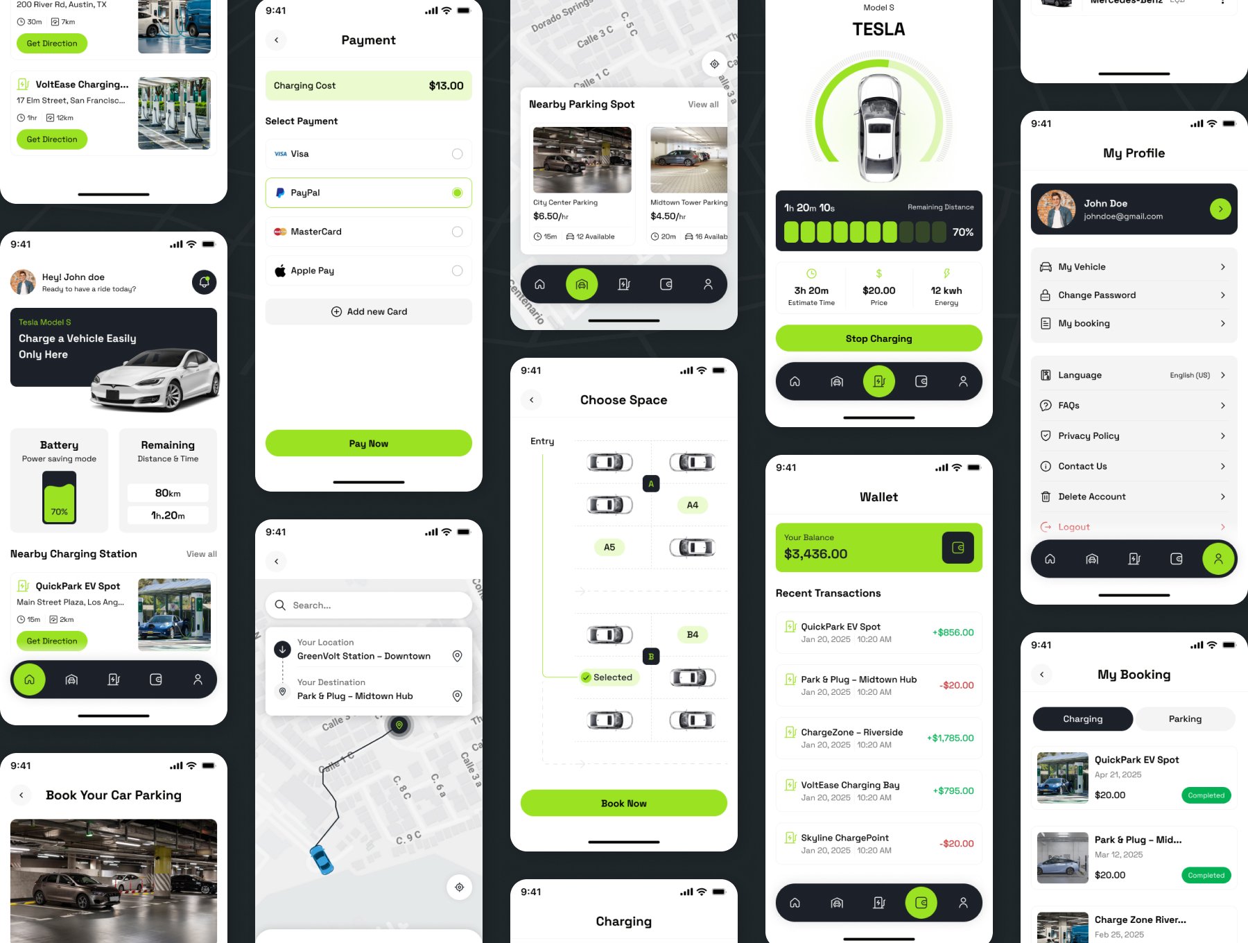55+屏简约停车场充电桩查找预订充电进度支付管理APP界面模板 |  Parkify - Car Parking and Charging Mobile APP UI Kit_aEfRa8