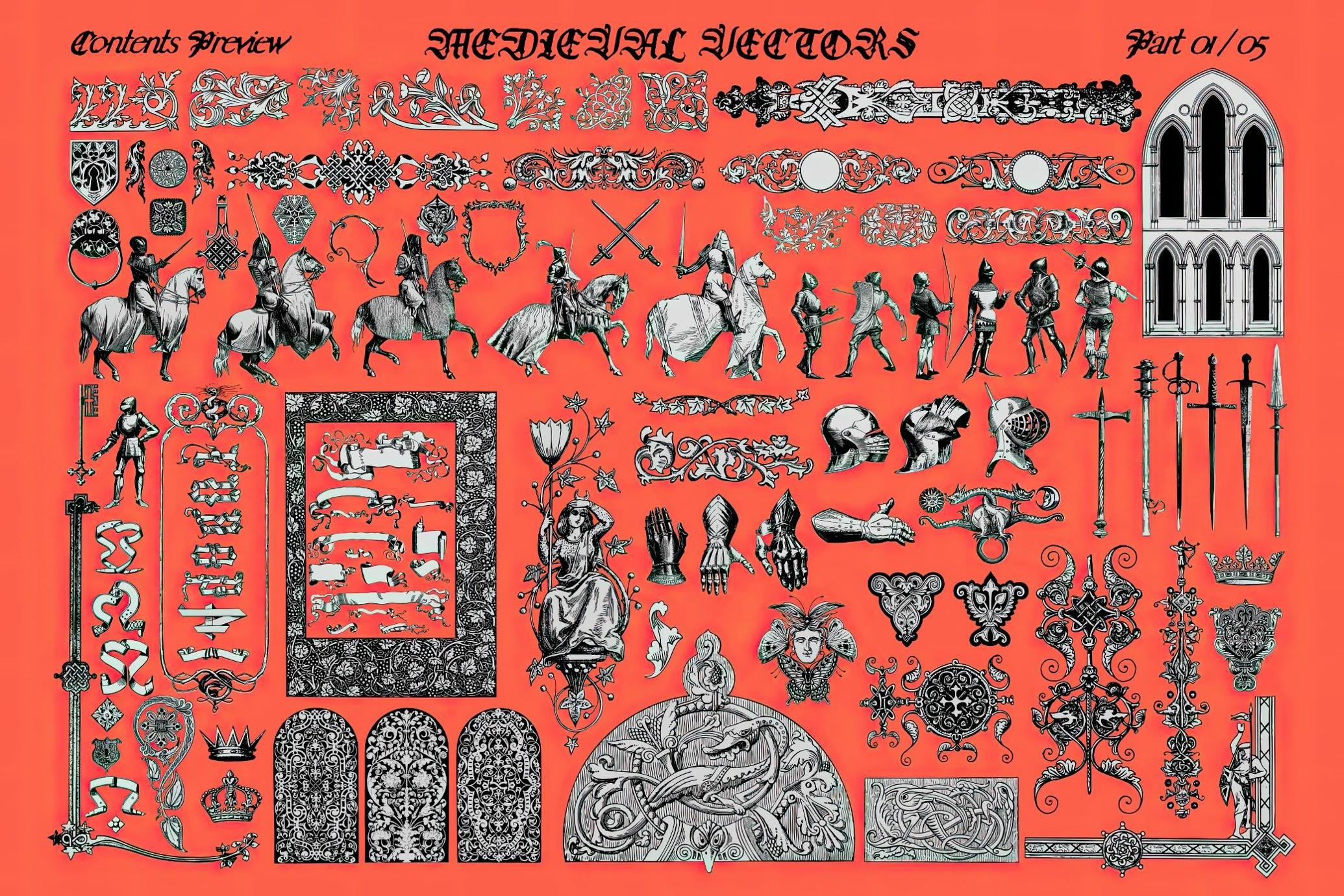 400+款中世纪欧洲古籍骑士建筑门庭武器图腾矢量插画合集 | 400+ Medieval Vectors_g3re56
