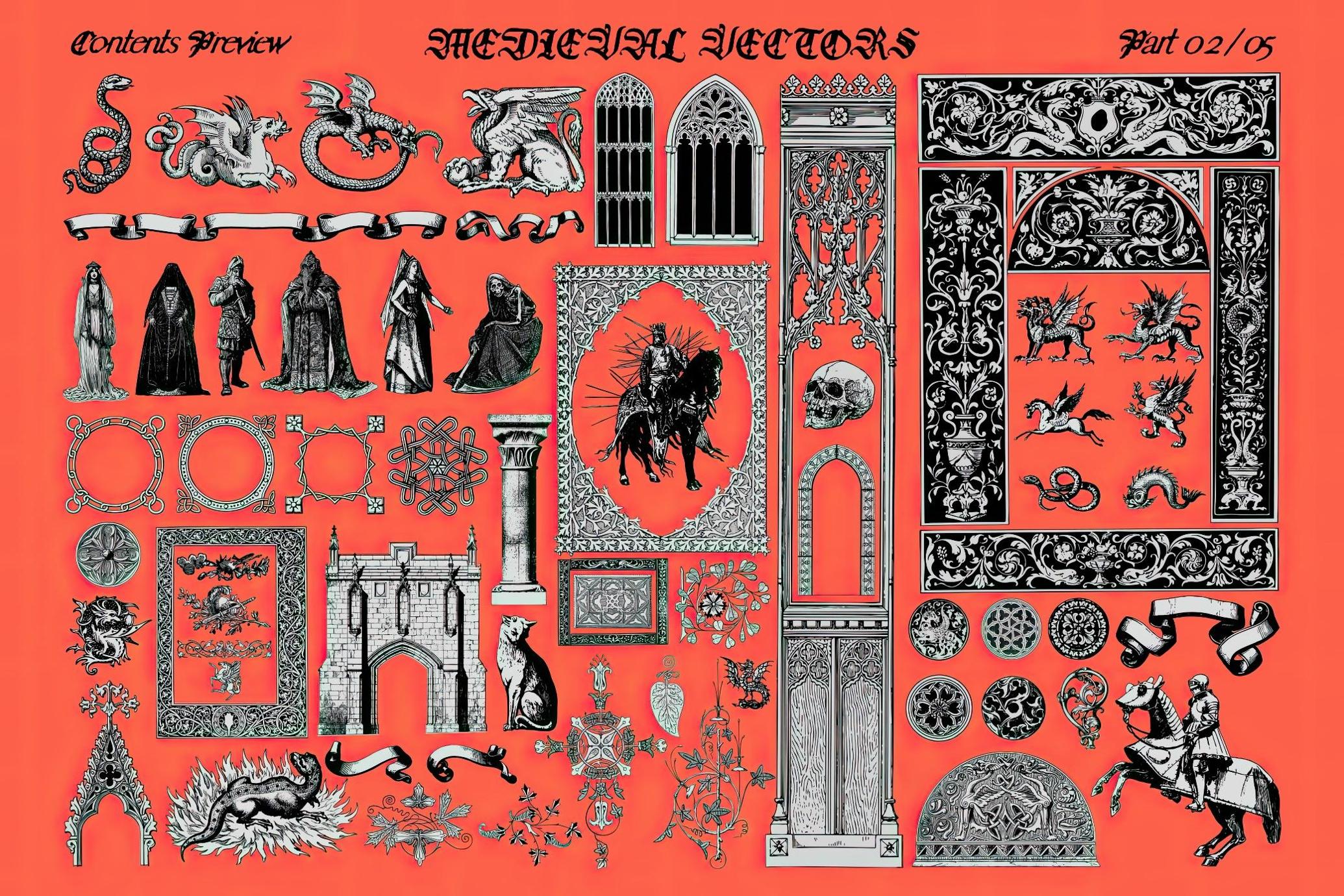400+款中世纪欧洲古籍骑士建筑门庭武器图腾矢量插画合集 | 400+ Medieval Vectors_s31czn