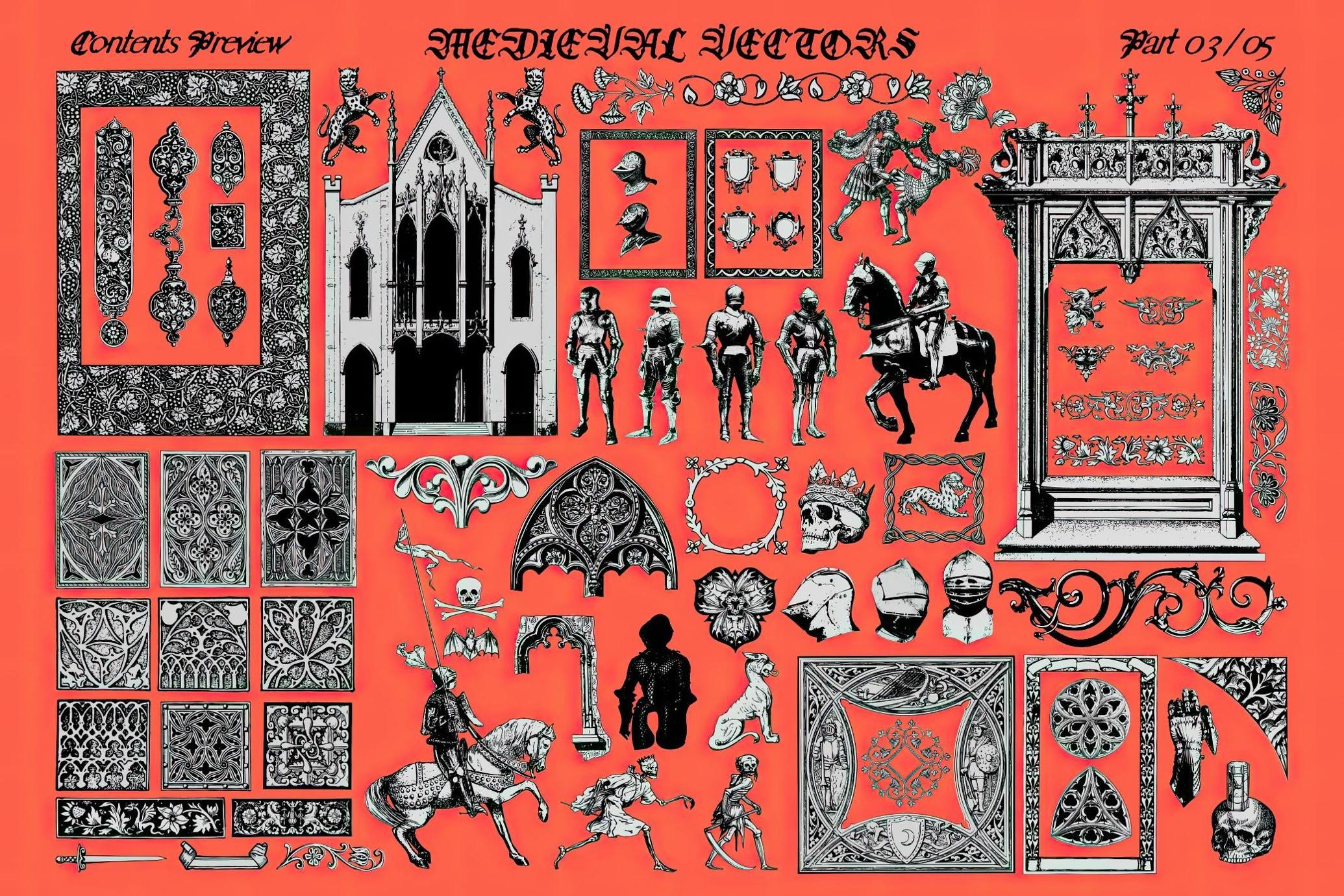 400+款中世纪欧洲古籍骑士建筑门庭武器图腾矢量插画合集 | 400+ Medieval Vectors_GLEI90