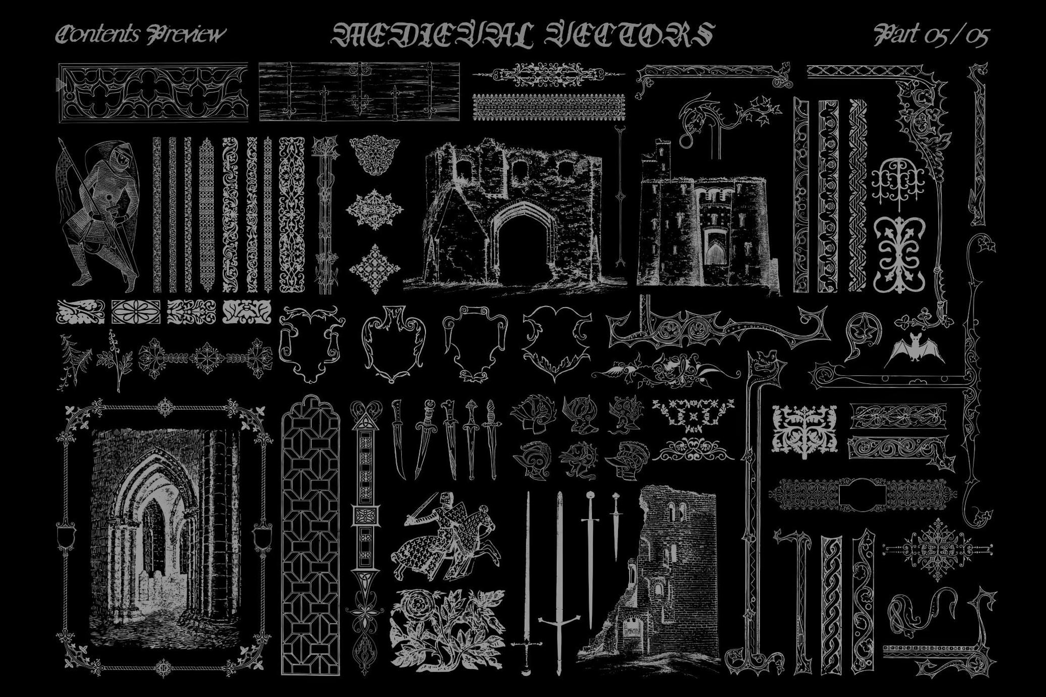 400+款中世纪欧洲古籍骑士建筑门庭武器图腾矢量插画合集 | 400+ Medieval Vectors_CZ3YPF